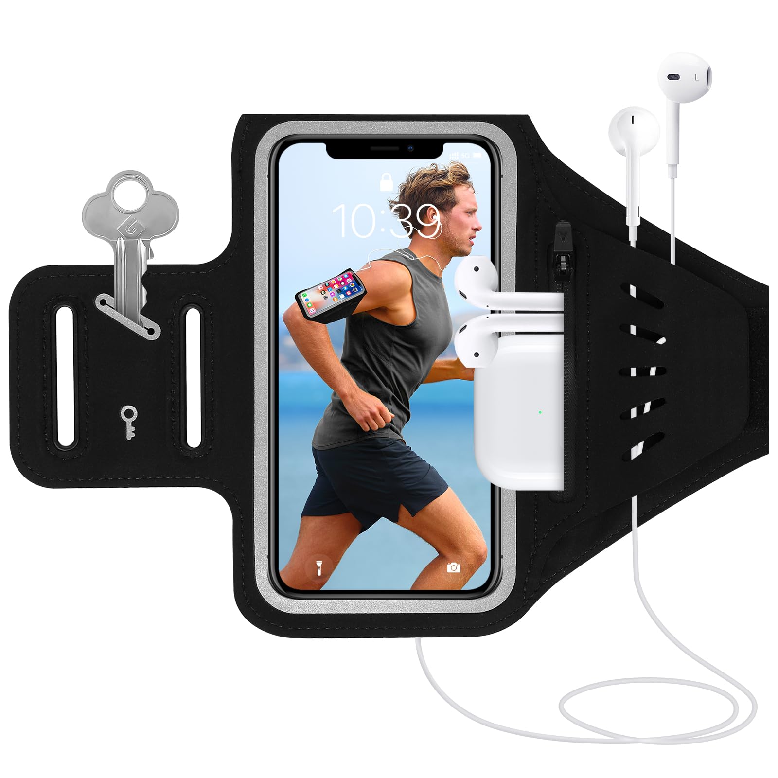 Cell Phone Armband for Running Sports Arm Bands with Zipper Slot Airpods Holder, Running Armband for Gym Exercise Workout Arm Band Case for Running, Walking, Hiking and Biking, black