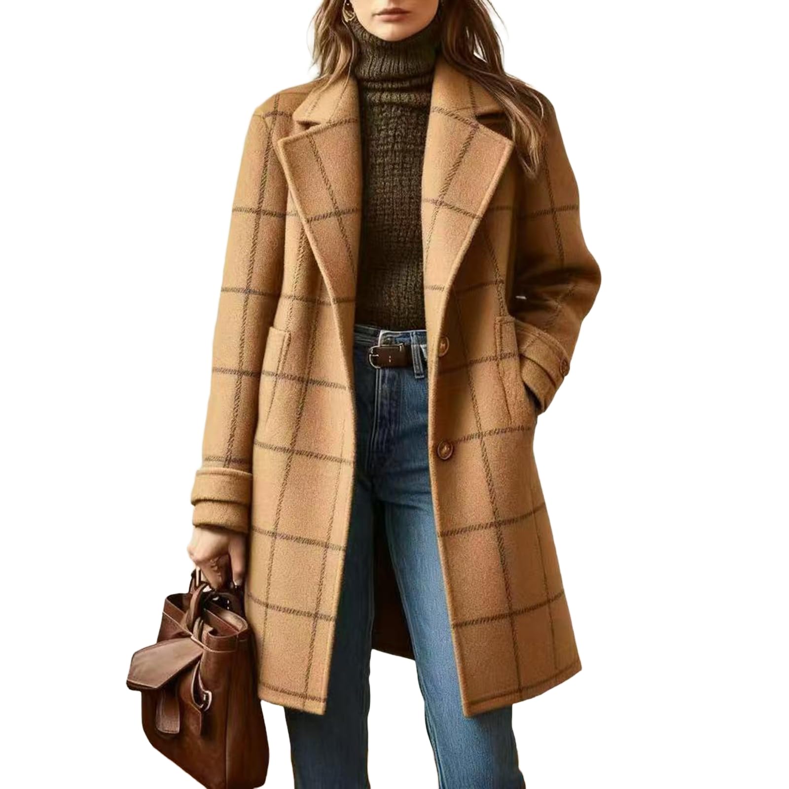 FUPODD Wintermantel Damen Wolle Lang Kariert Wollmantel Elegant Trenchcoat