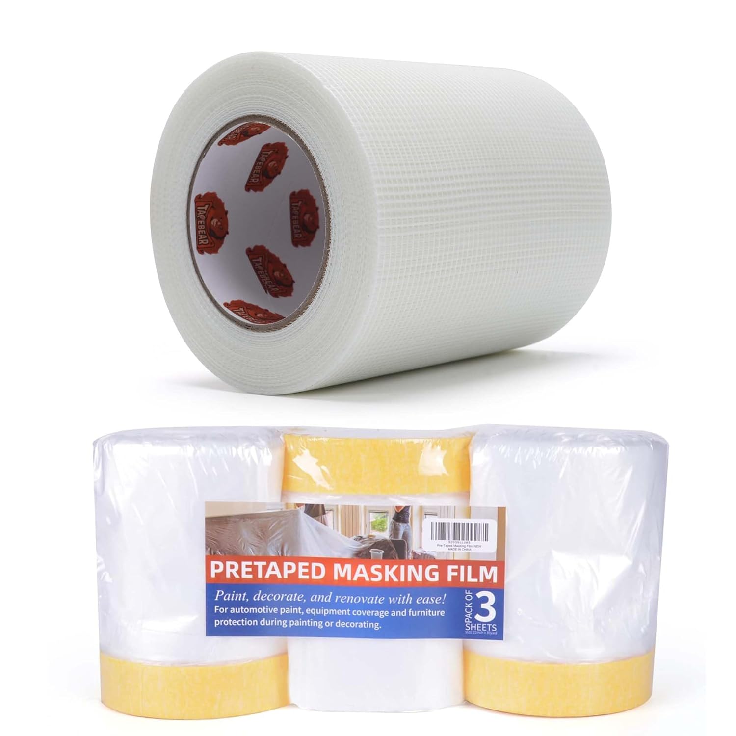 TAPEBEAR Drywall Tape Fiberglass Mesh Tape + Pre-Taped Masking Film
