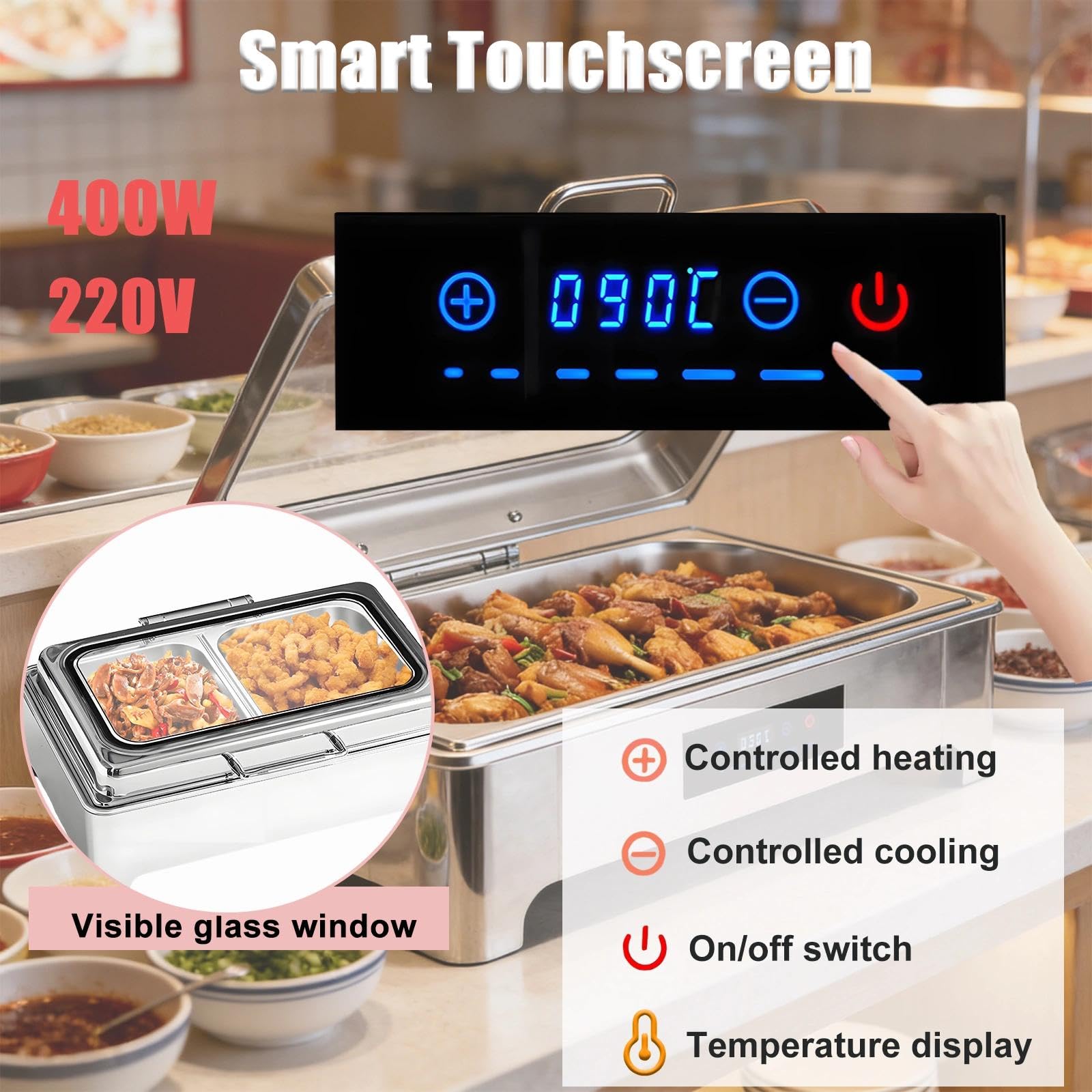 Chafing Dish Elettrico, 9L Scaldavivande Elettrico Acciaio Inox, Professionale Chafing Dish Buffet Elettrico Temperatura Regolabile con Coperchio Visibile per Hotel, 400W(1/3)