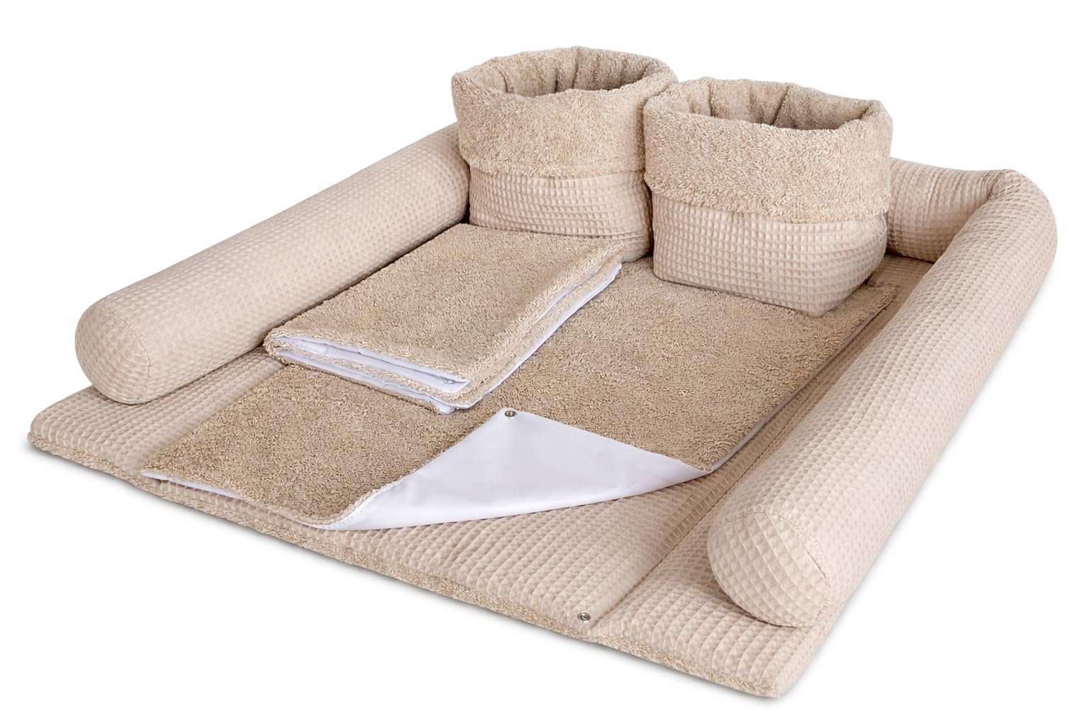 Wickelauflage Set 6-teilig – Wickelunterlage aus Waffelstoff & Frottee mit Druckknöpfen – Baby Wickelauflage – Wickeltischauflage – 75x75 cm (Breite x Tiefe), Altbeige