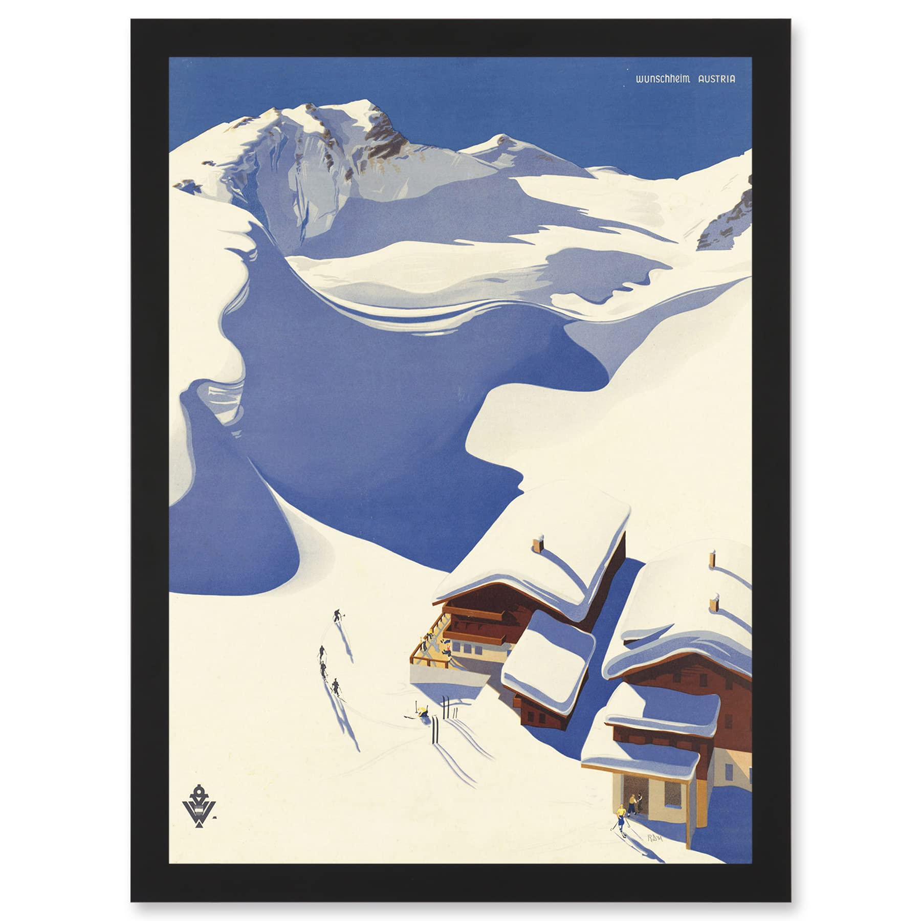 Artery8 Travel Winter Sport Snow Ski Chalet Alps Austria Blue White A4 Artwork Framed Wall Art Print