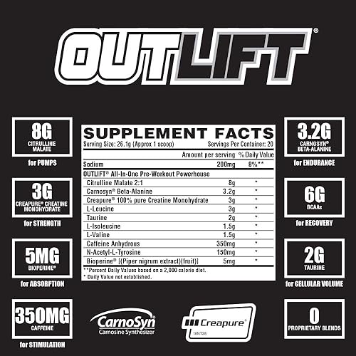 Miniatura 5 de Nutrex Outlift - Polvo de preentrenamiento clínicamente dosificado con creatina 6G BCAA 8G citrulina 32G beta-alanina  Energía rendimiento bomba de