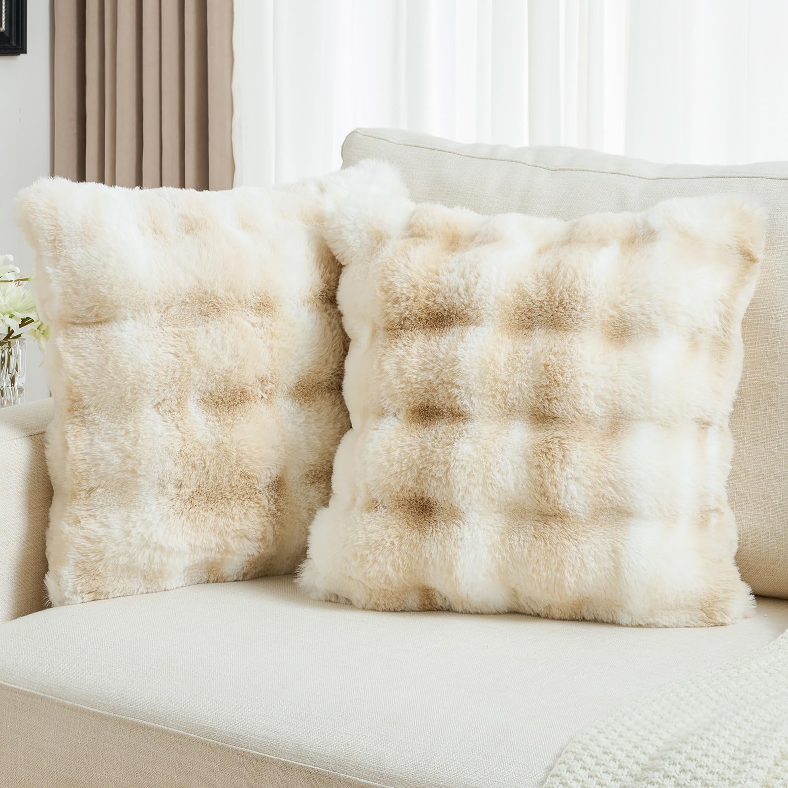 FUTEI Set of 2 Fluffy Faux Rabbit Fur Cushion Covers 55 x 55 cm,Beige White