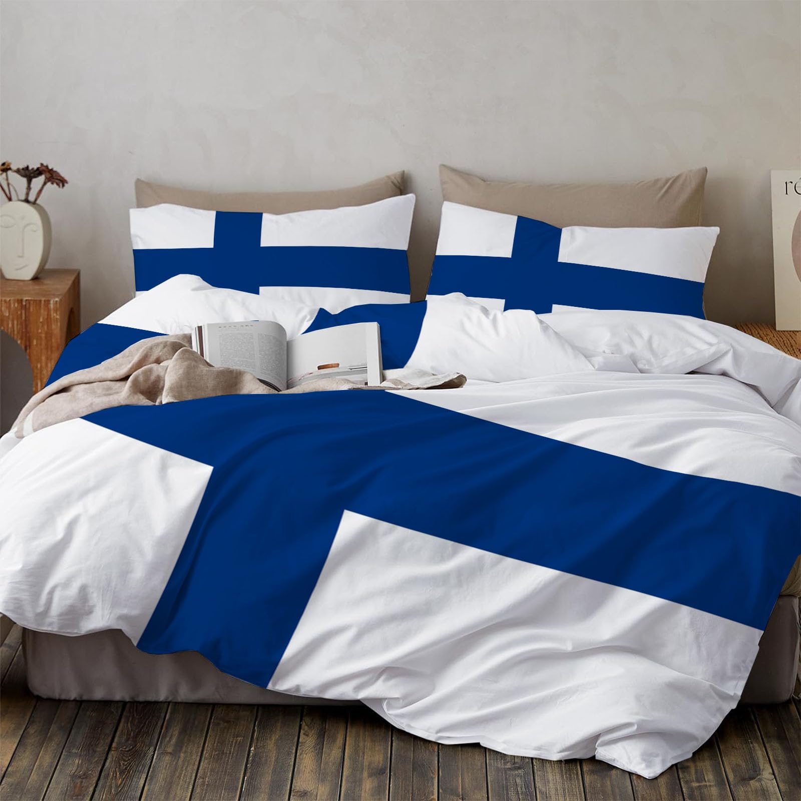 Housse de couette bleu et blanc 140x200 parure de lit Finlande