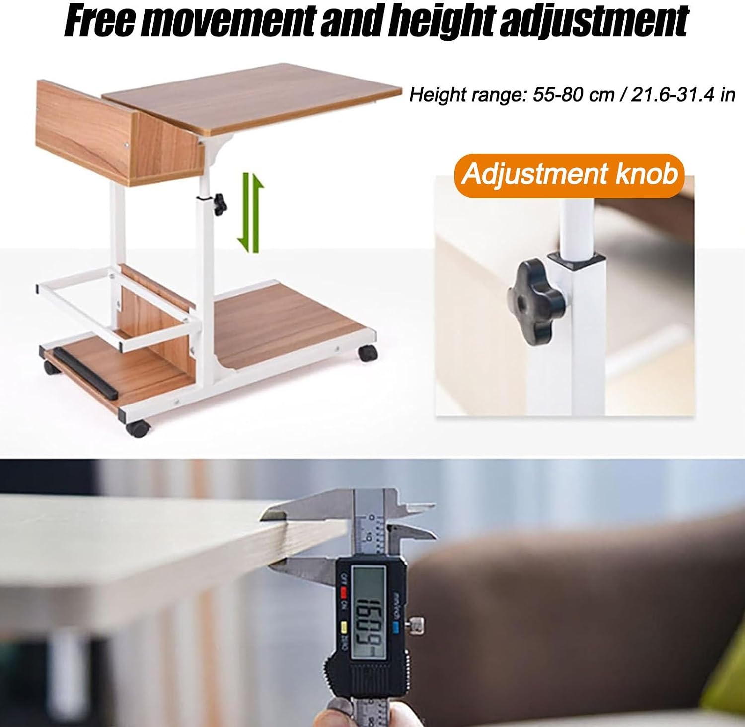 Height Adjustable Overbed Table, Overbed Bedside Tables with Wheels, Mobile Computer Desk Makeup Vanity Desk with Storage, Mobile Laptop Standing Desks Cart(Brown)