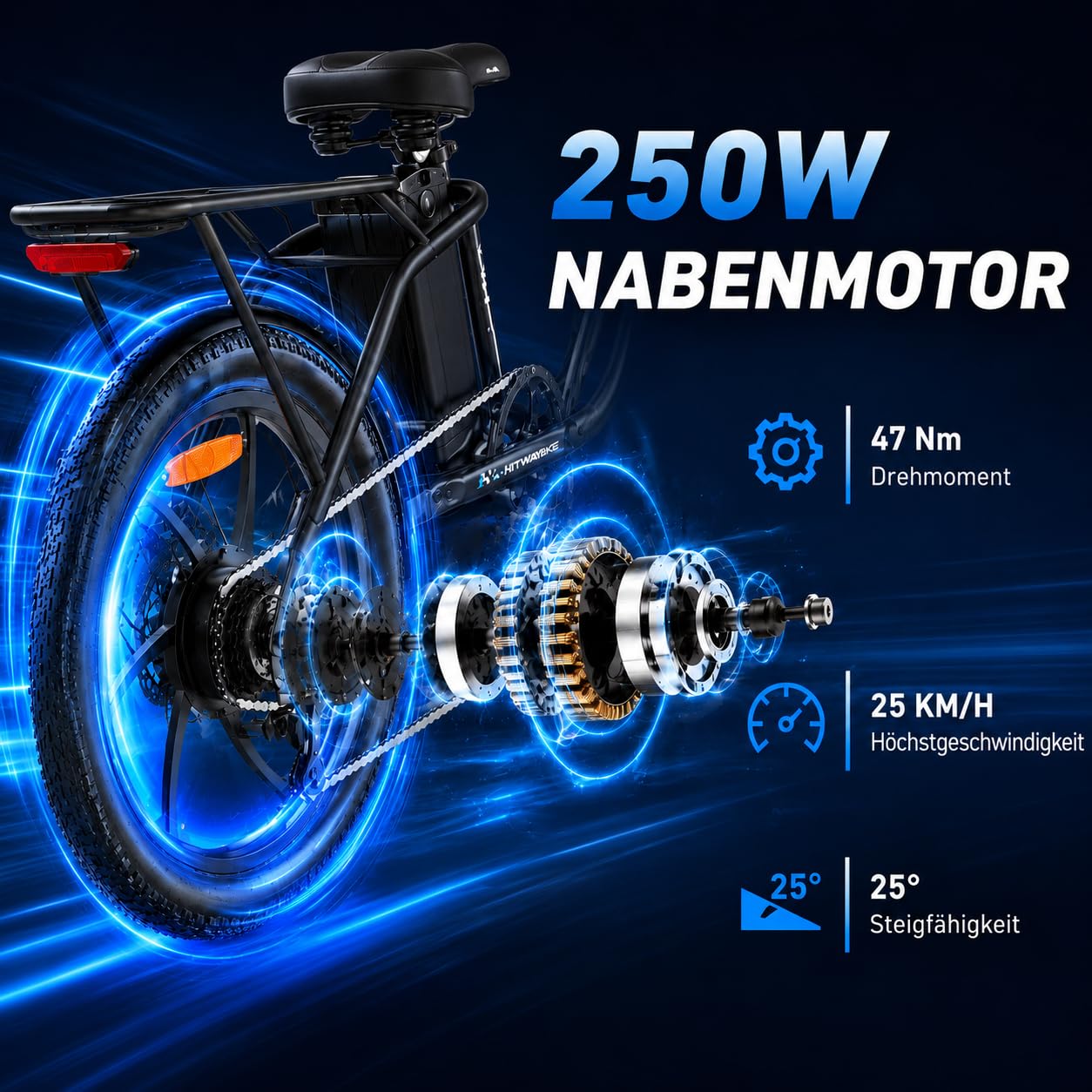 Faltbares E-Bike 20 Zoll, 250W Elektrofahrrad mit 48V 16AH Akku (100km), 7 Gang Cityrad mit Federung, LED & Scheibenbremsen, Carbonstahl-Rahmen