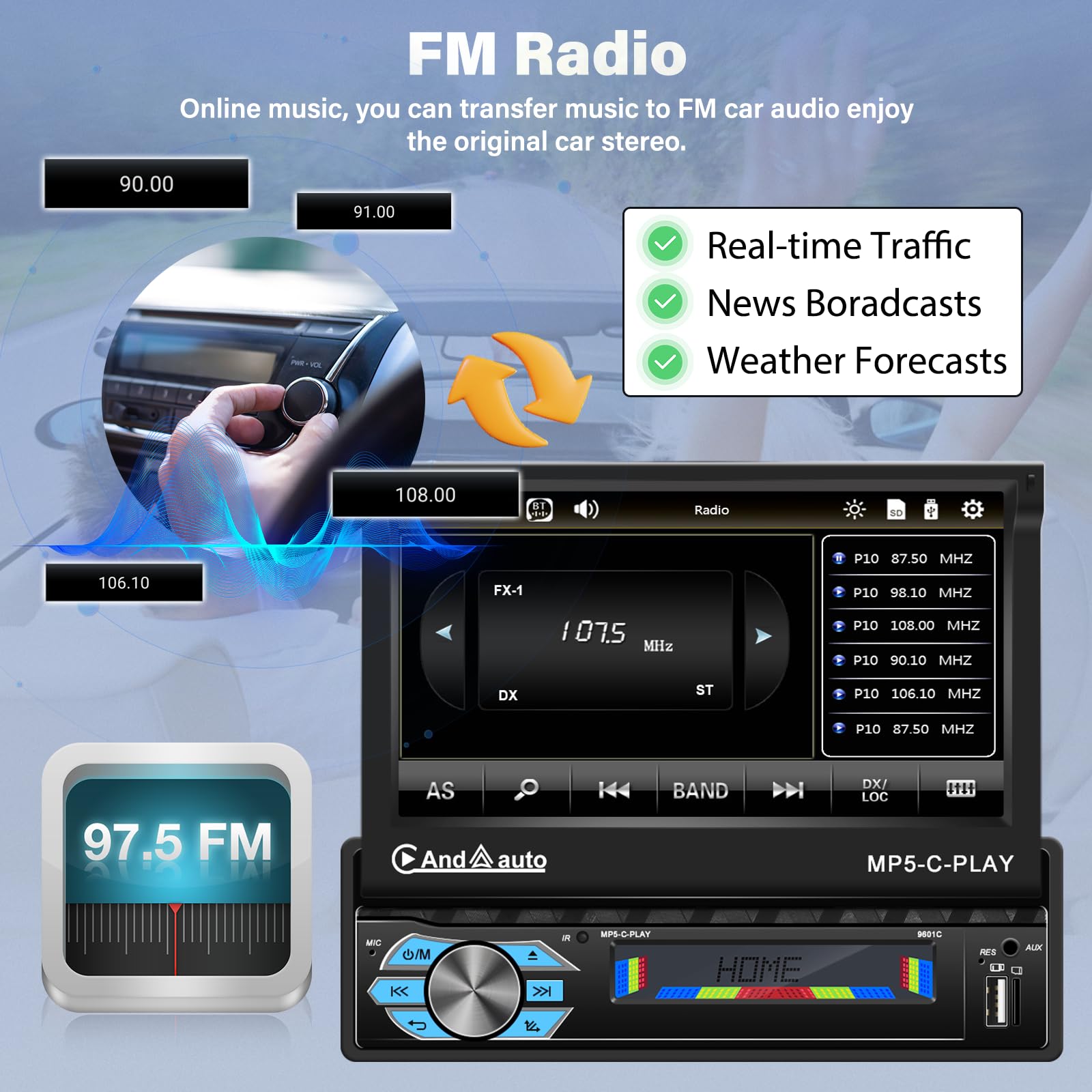 1 DIN draadloze CarPlay autoradio met 7-inch handmatig inklapbaar