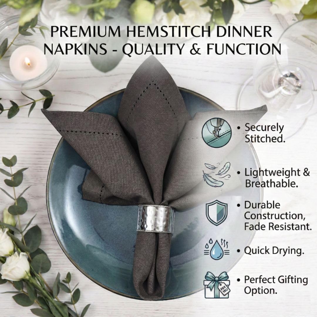 100% Cotton Hemstitch Dinner Napkins Set of 12 - for Dining Weddings Parties Restaurants Holidays Easter Everyday Use - Soft Durable Washable - 18x18 Inch Table Cloth Napkins Charcoal Grey