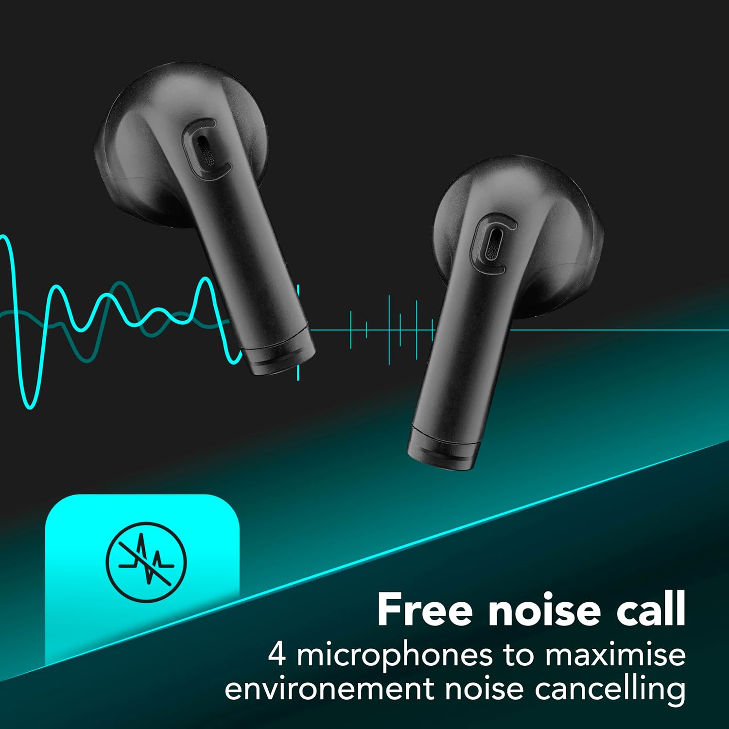 Two cellularline Core Pro earbuds with sound wave graphics indicating noise cancellation
