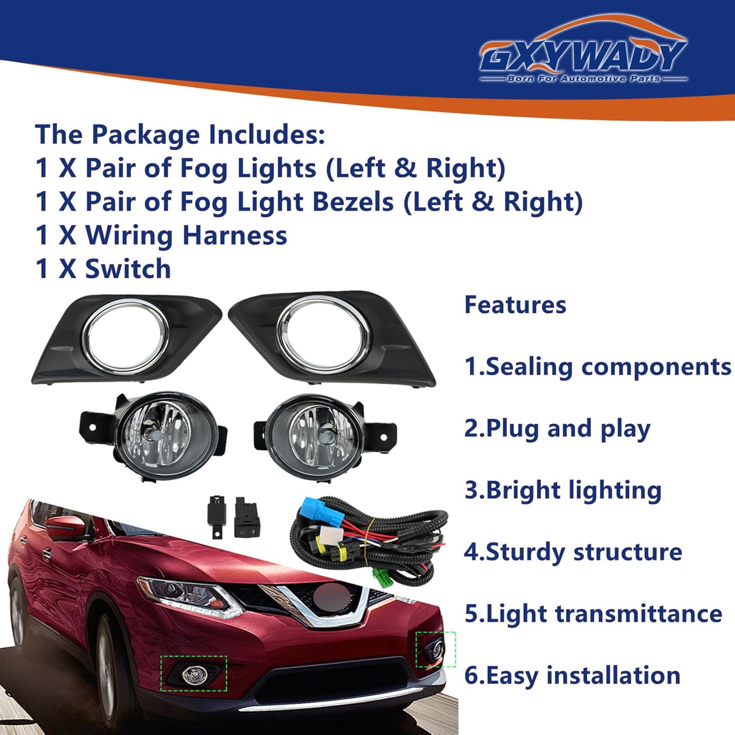 GXYWADY Fog Lamp Package Replacement for 2014-2016 Nissan Rogue 26150-8990B/26150-8993B NI2590103