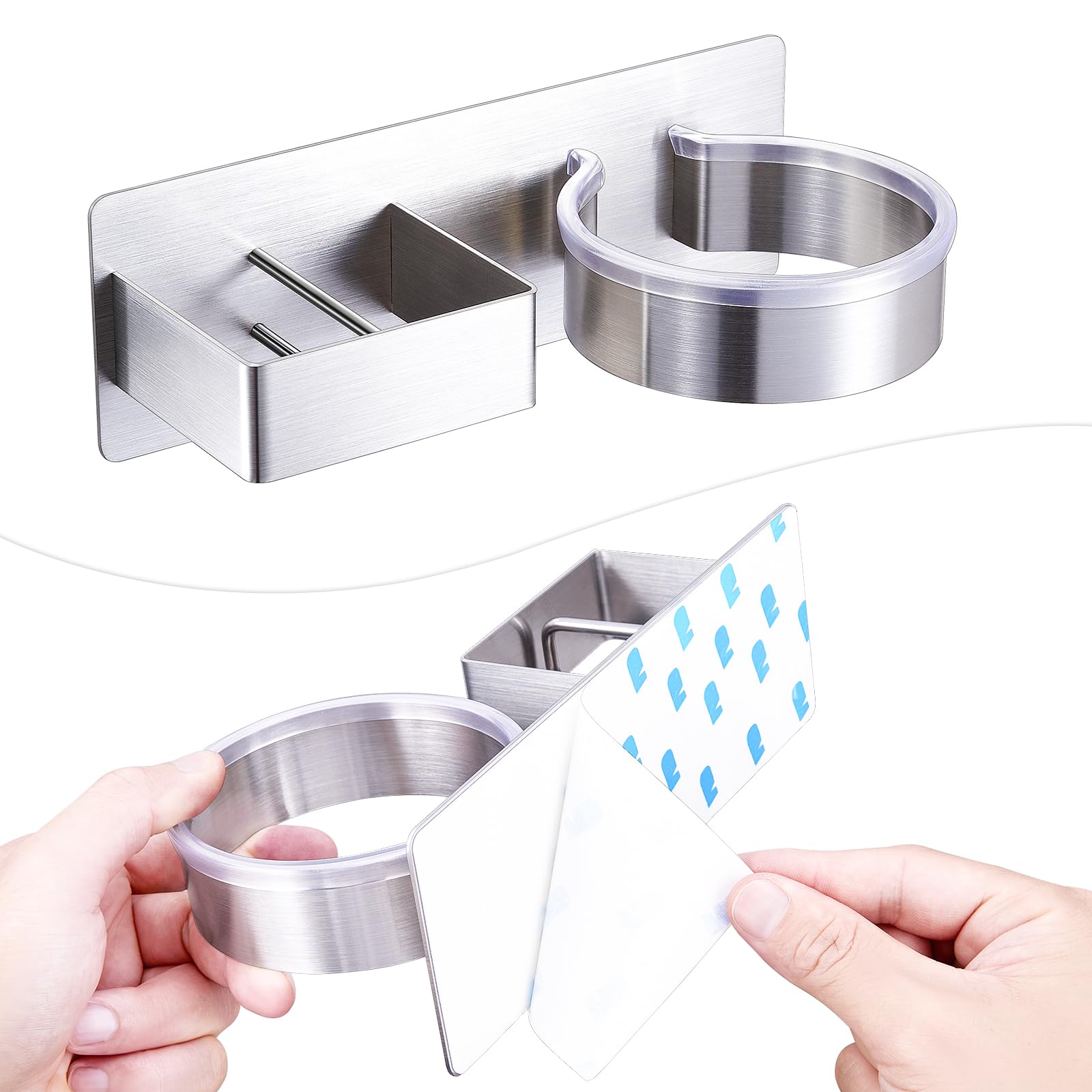 Appendi Phon Bagno, Porta Piastra per Capelli, Porta phon da Muro Senza Foratura, Supporto per asciugacapelli e Piastra lisciante Autoadesivo, Supporto da Parete (Argento)