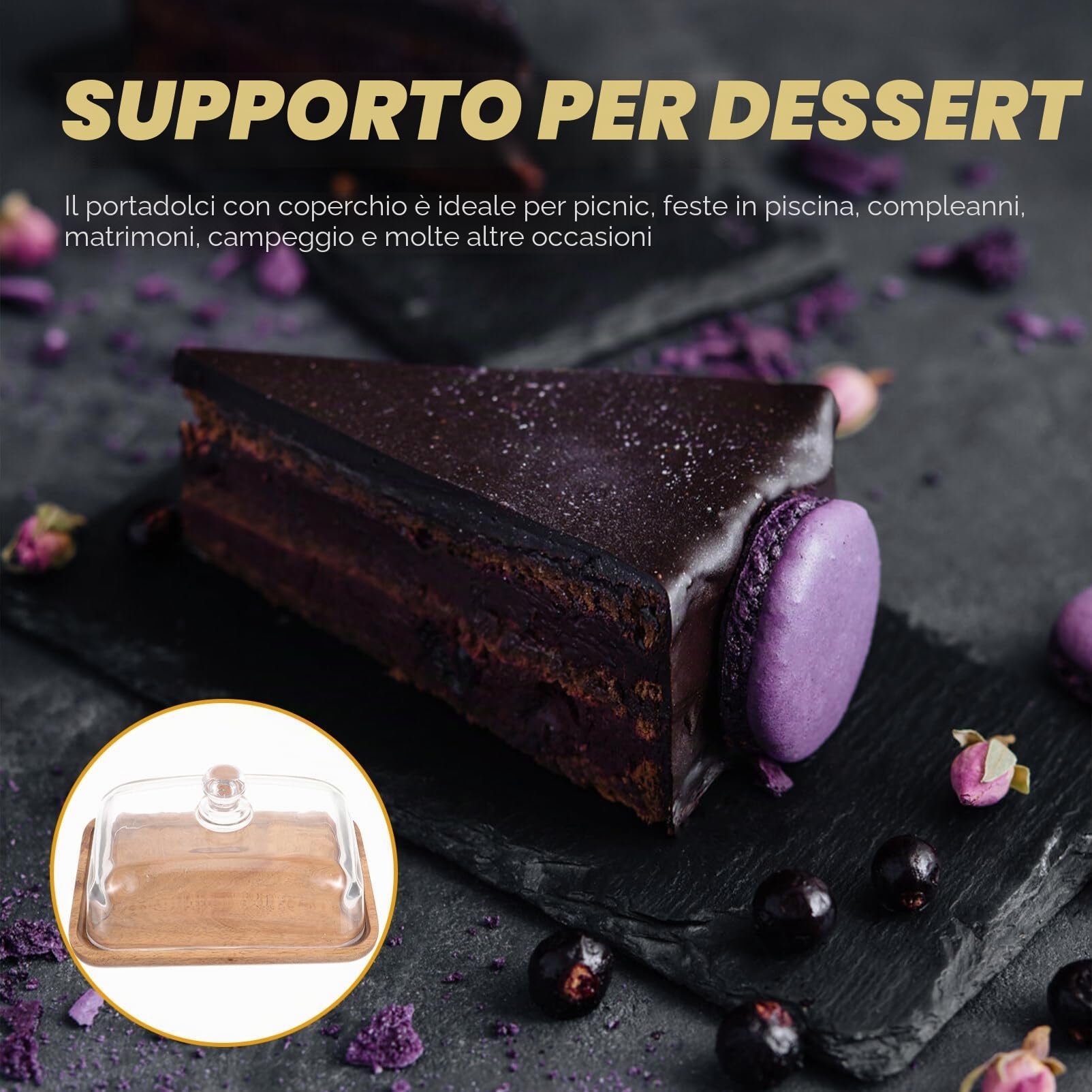 Alzata per torte con cupola, vassoio rettangolare in legno con coperchio in vetro, per piccole torte e dessert