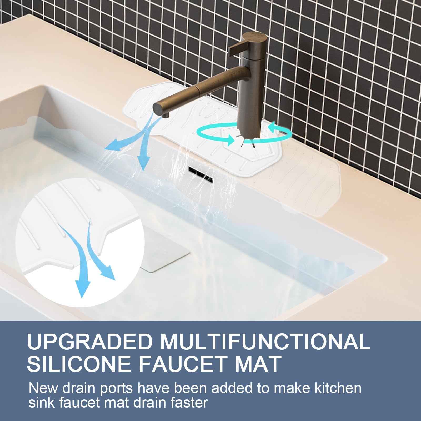 Sink Drain Mat - Unilateral Faucet Guard with 2 Drain Ports, Foldable for Kitchen & Bathroom (White) 7