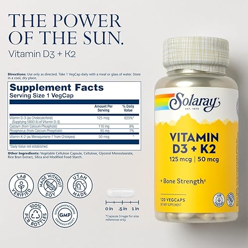 Miniatura 2 de SOLARAY Vitamina D3 K2 y glicinato de magnesio  Paquete de salud ósea  Absorción de calcio, nervios, corazón e inmune apoyo con 5000 UI de vitamina