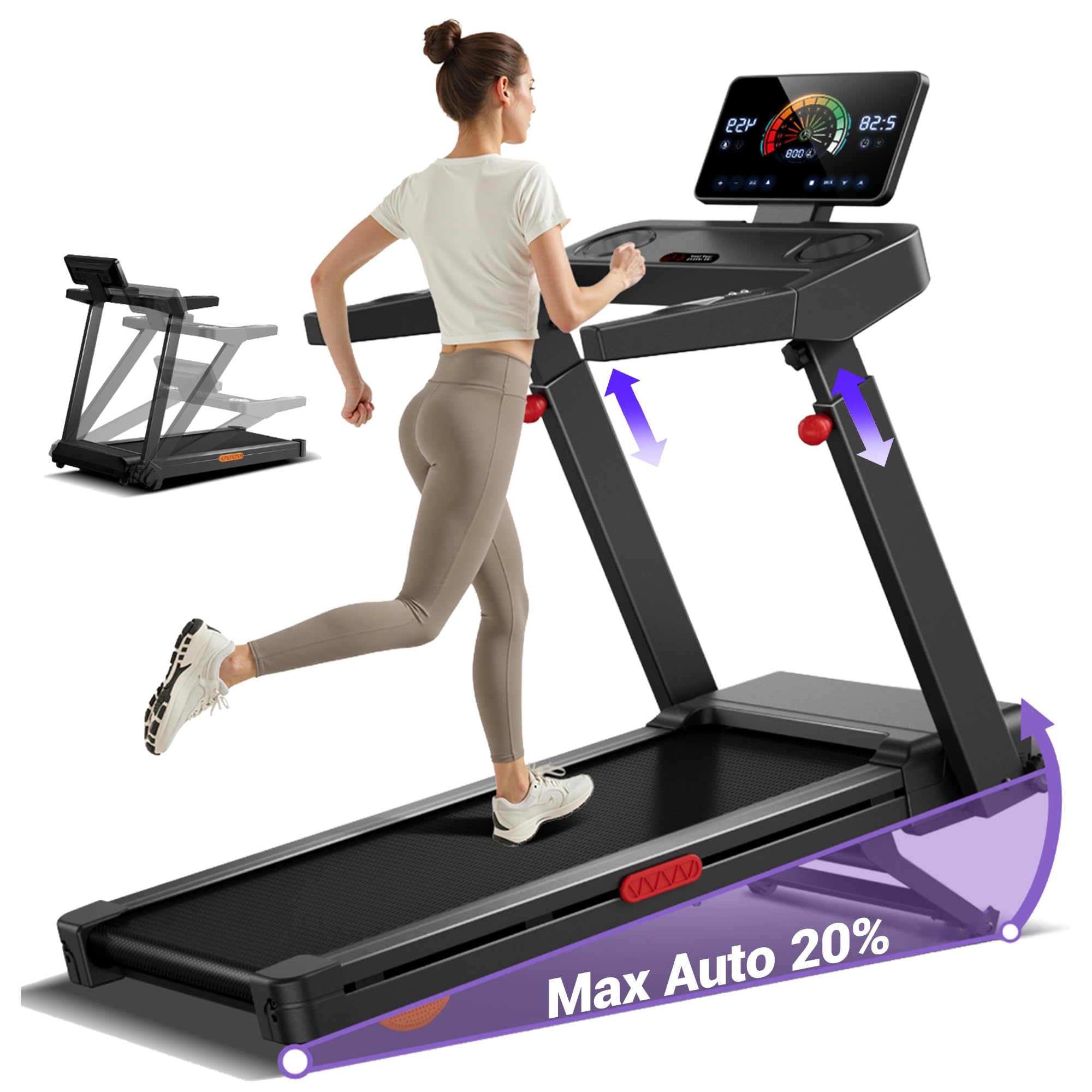 UMAY Tapis de Course avec Inclinaison Automatique 20%, 14KM/H Pliable 3,5CV Treadmill Home Affichage LED Charge Max 180KG