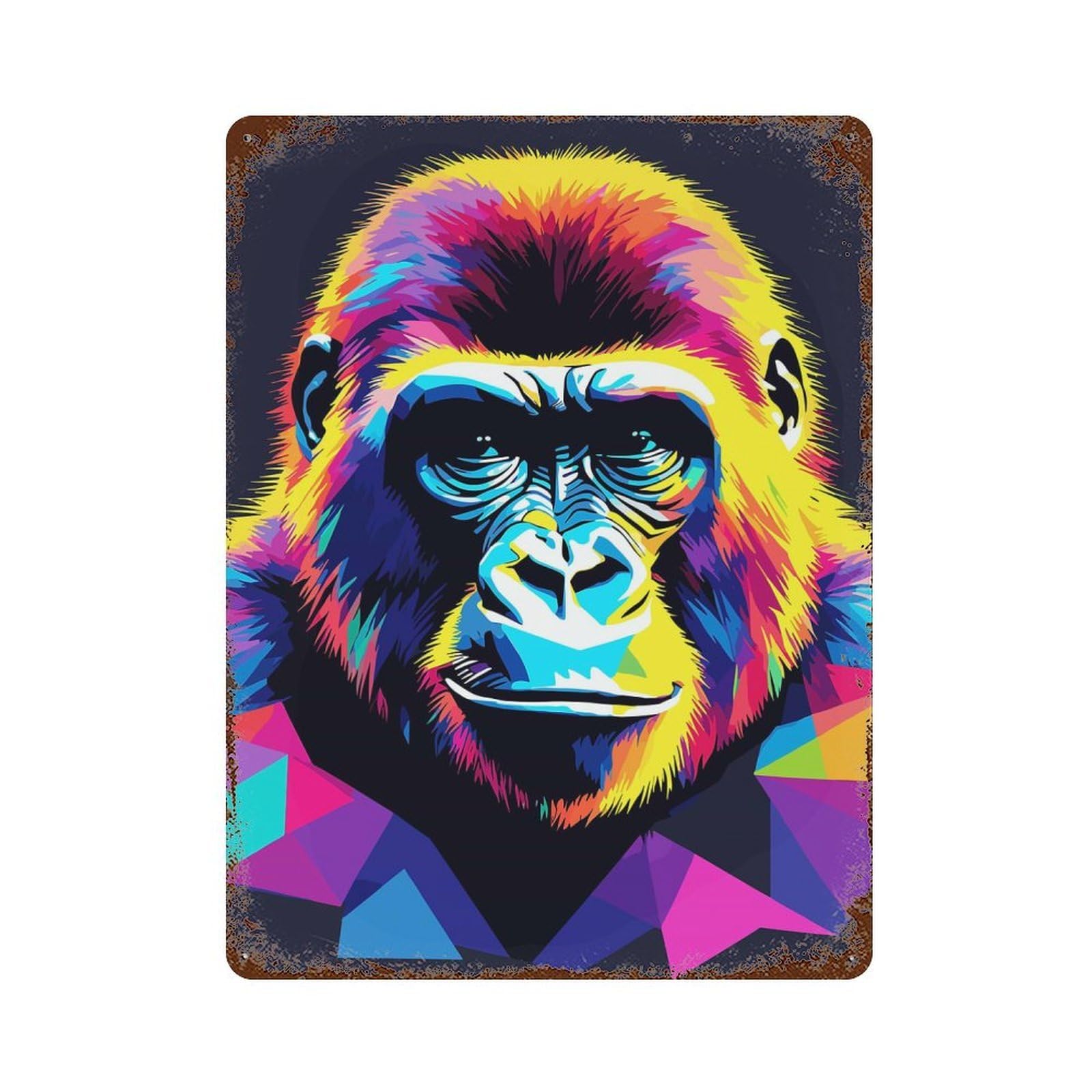 Aged Metal Wall Plaque with Gorilla Pop Art 2 Design 15.7"x11.8", for Farmhouse, Kitchen And Entryway Decor, Retro Wall Decor