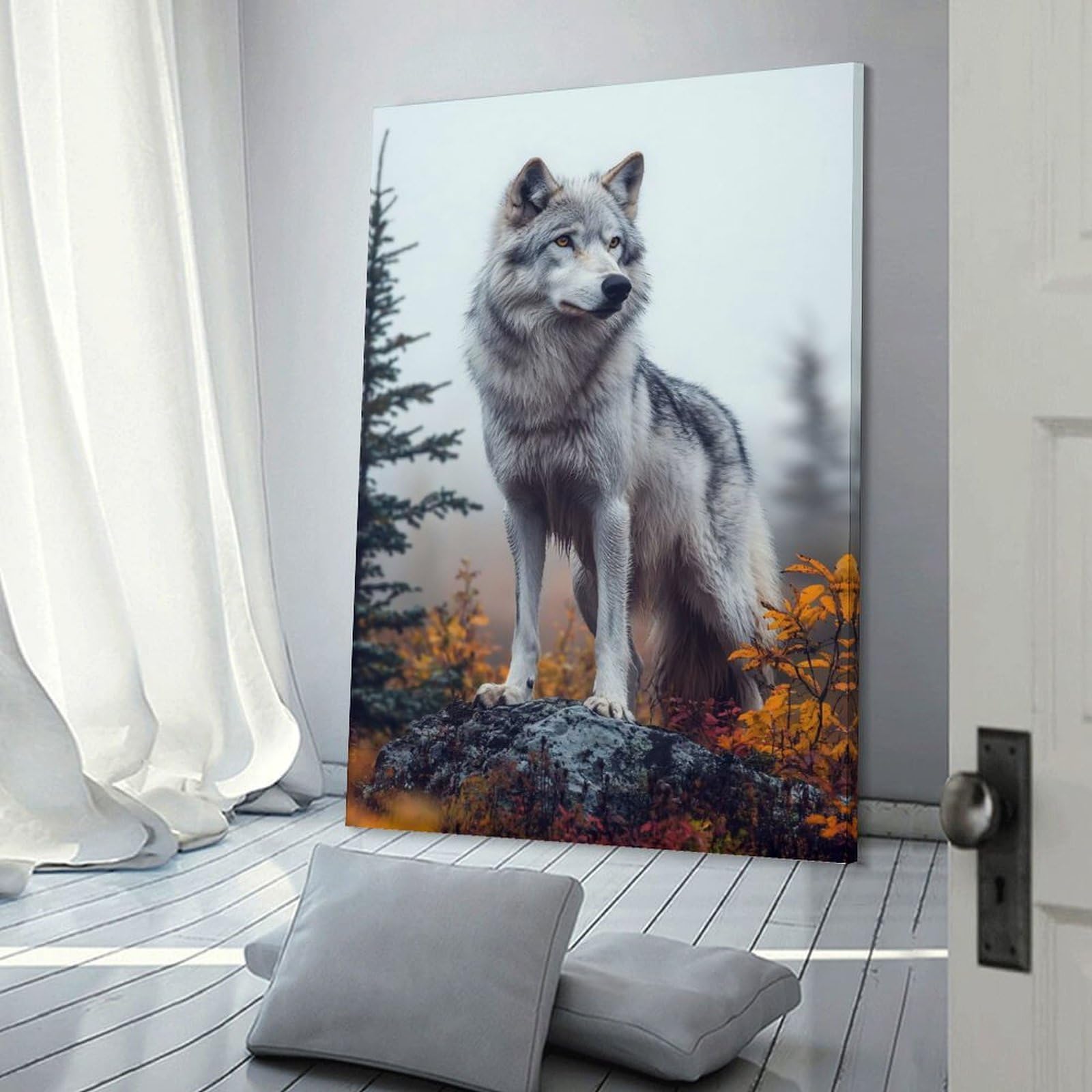 Junmoney Wolf on A Rock in Autumn Room Decor Wall Art, 20x30inch(50x75cm), for Living Room, Lounge Or Sitting Room, A Home Accent with Warm Character