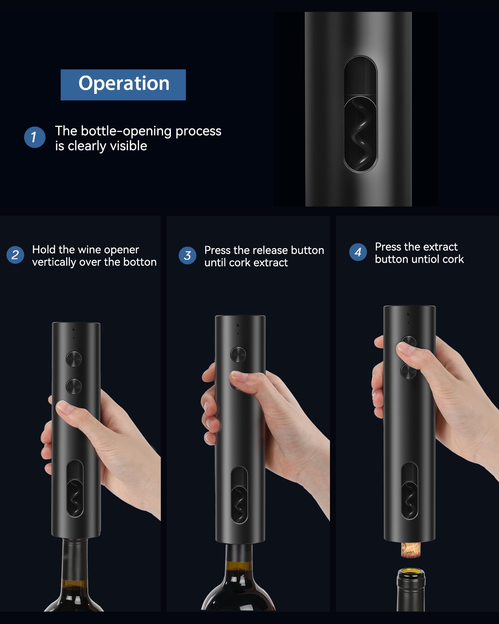 ZOYIDOUX Apribottiglie elettrico ricaricabile USB-C Cavatappi nero opaco portatile