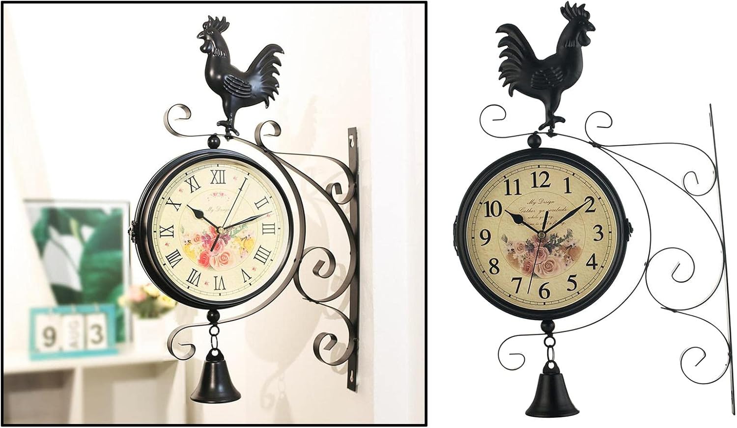 Unknown Vintage Double Sided Iron Metal Silent Wall Clock, Black, 31x50x8.5cm