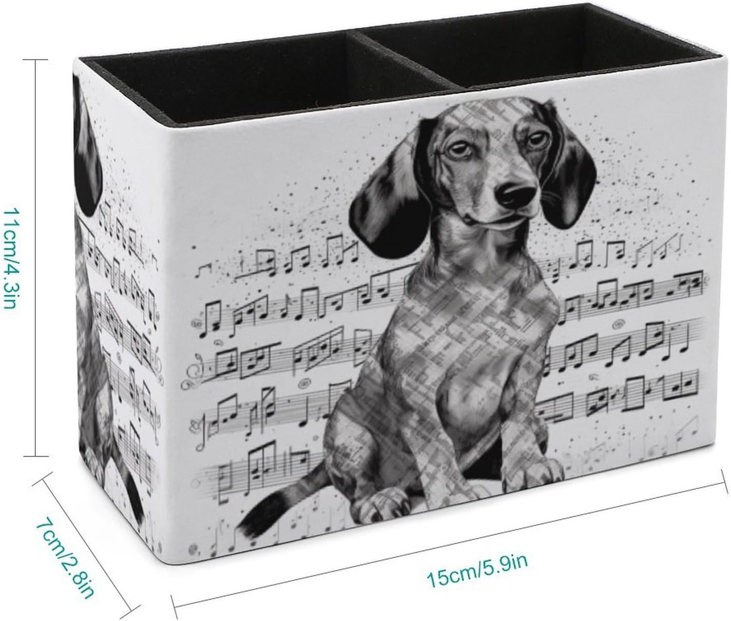 Dachshund Music Notes PU Leather Pen Holder with 2 Compartments Rectangle Desk Storage Organizer Desktop Stationery Container Pencil Cup for Office School Home Accessories image 2