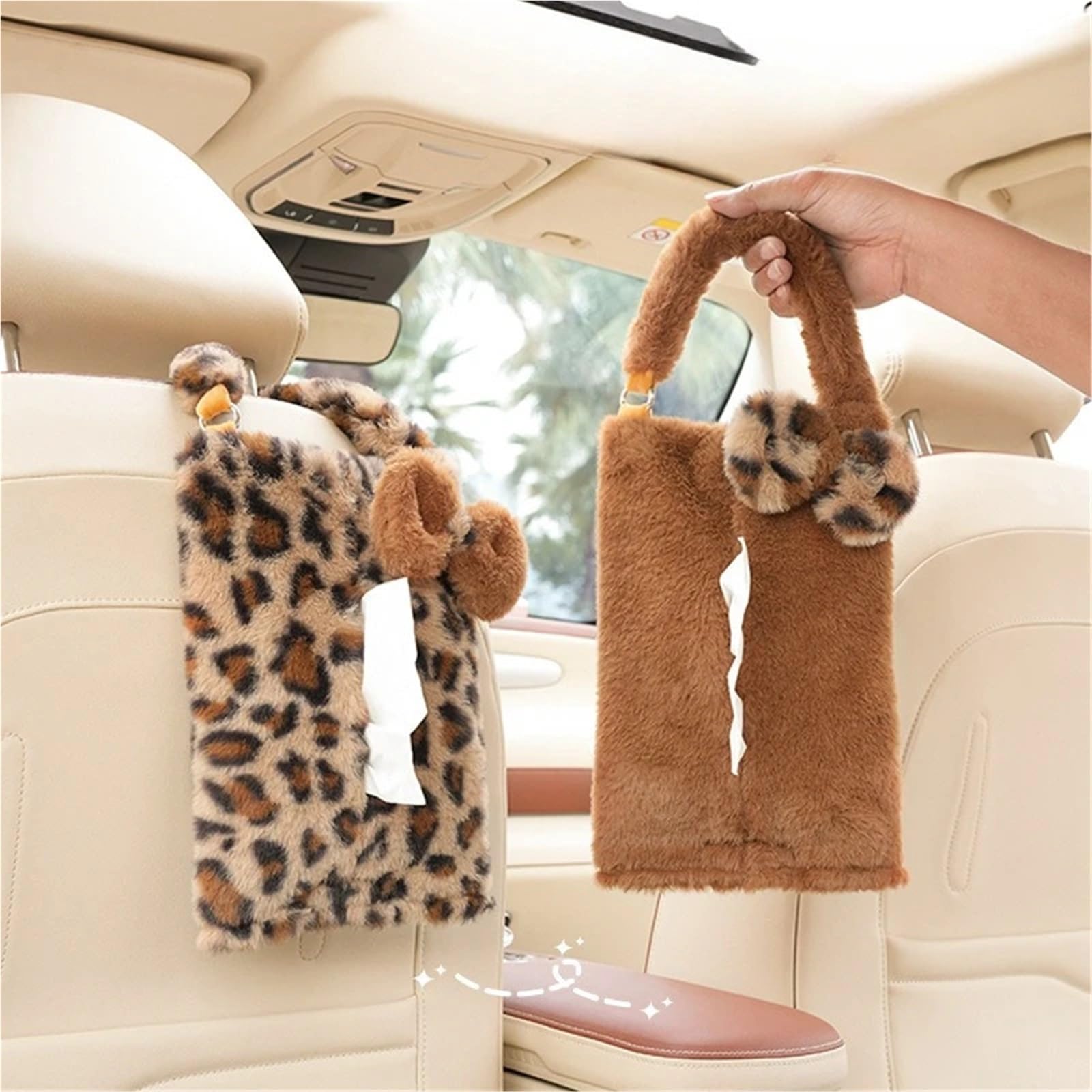 Papierowe pudełko samochodowe z wzorem panterki, pluszowa torba do przechowywania na siedzeniu, Fashion Goddess Car Home Dual-Use-Organizer (Color2)
