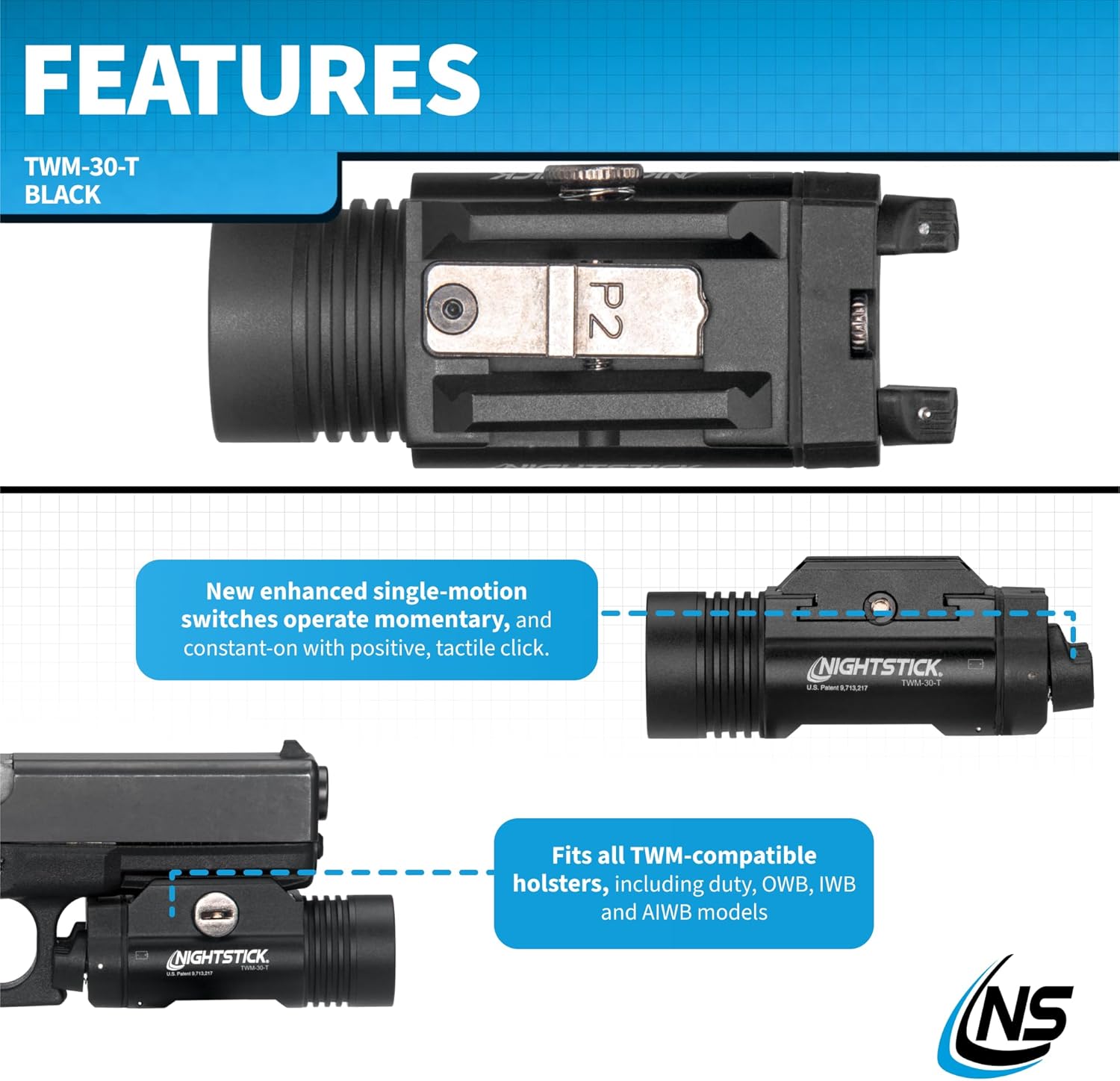 Nightstick TWM-30-T Full Size Turbo High Candela Handgun Light - 2 CR123 - Black