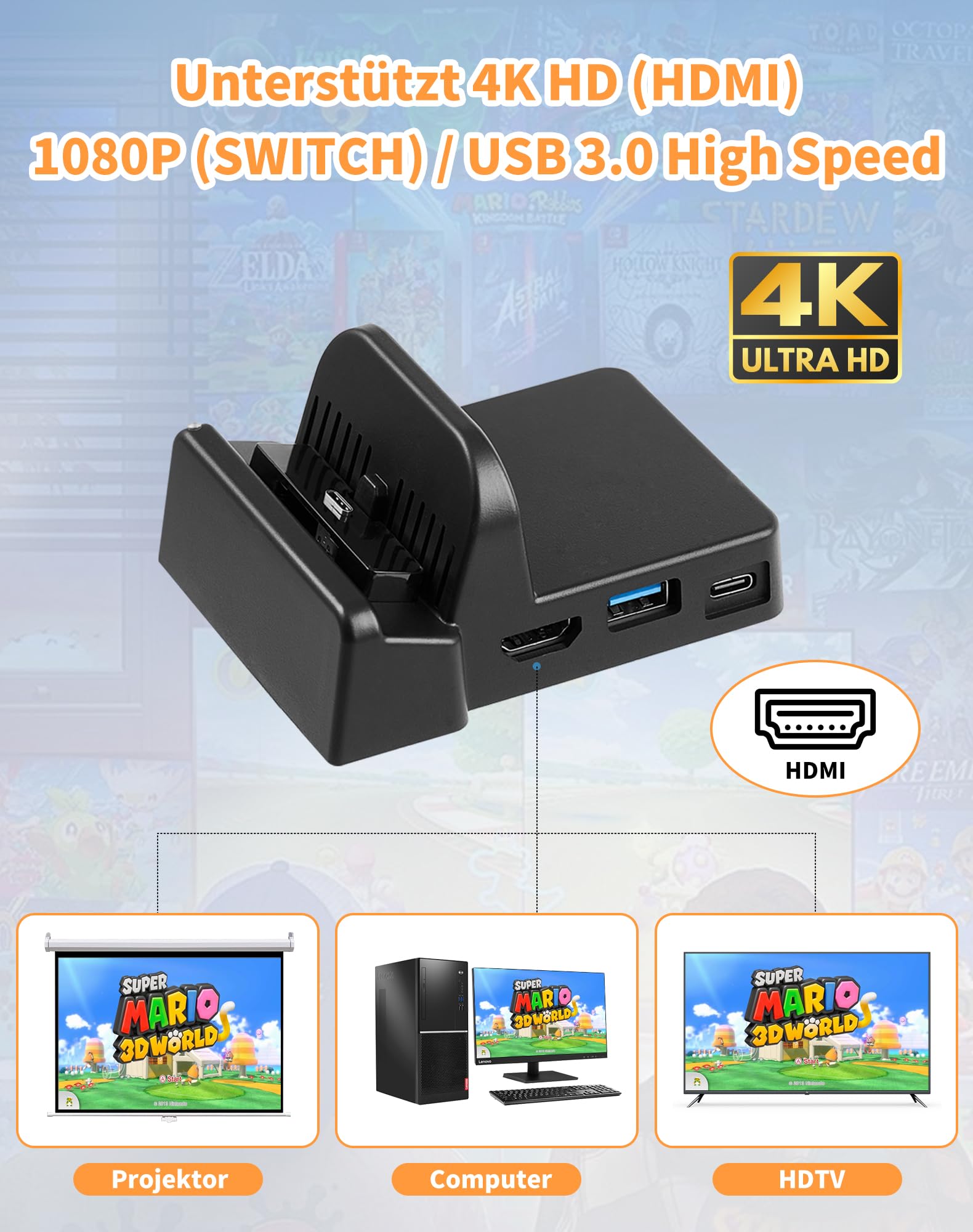 Switch Docking Station für Nintendo Switch/Switch OLED, tragbarer Switch Ladestation Switch Dock 4K HDMI TV Adapter Aufladehalterung mit USB 3.0 Port, Switch Zubehör Ständer für Nintendo Official