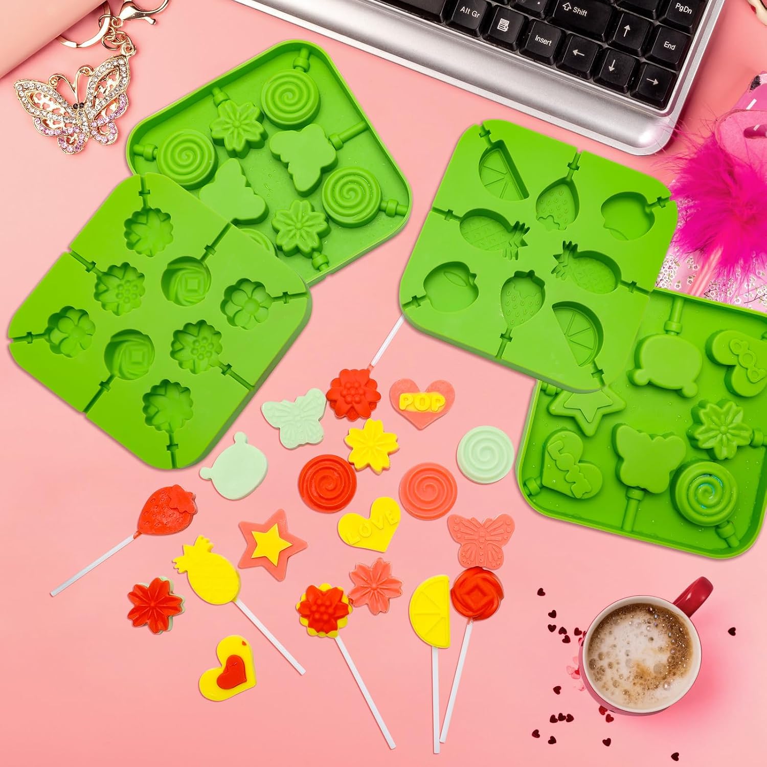 4Pcs Silicone Lollipop Molds Shape Kit with Sticks for Hard Candy (Green)