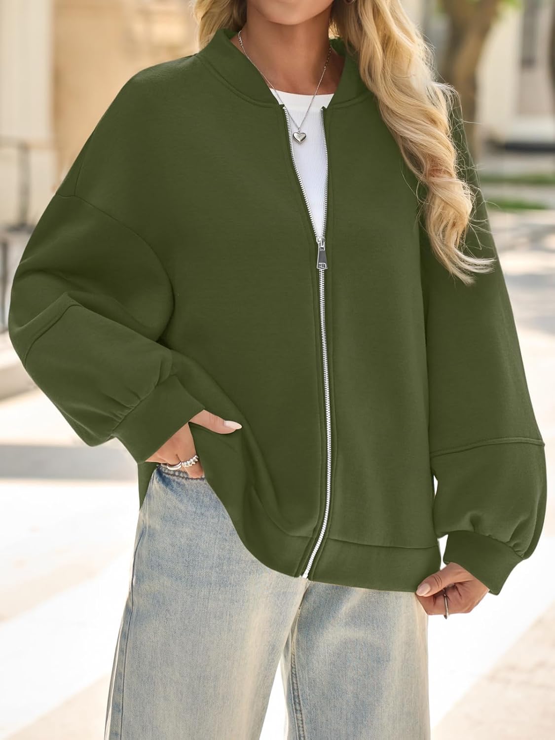 Fisoew Womens Zip Up Sweatshirt Casual Bomber Jacket Lantern Sleeve Oversized Jacket Fall Outfits 2025 - Image 5