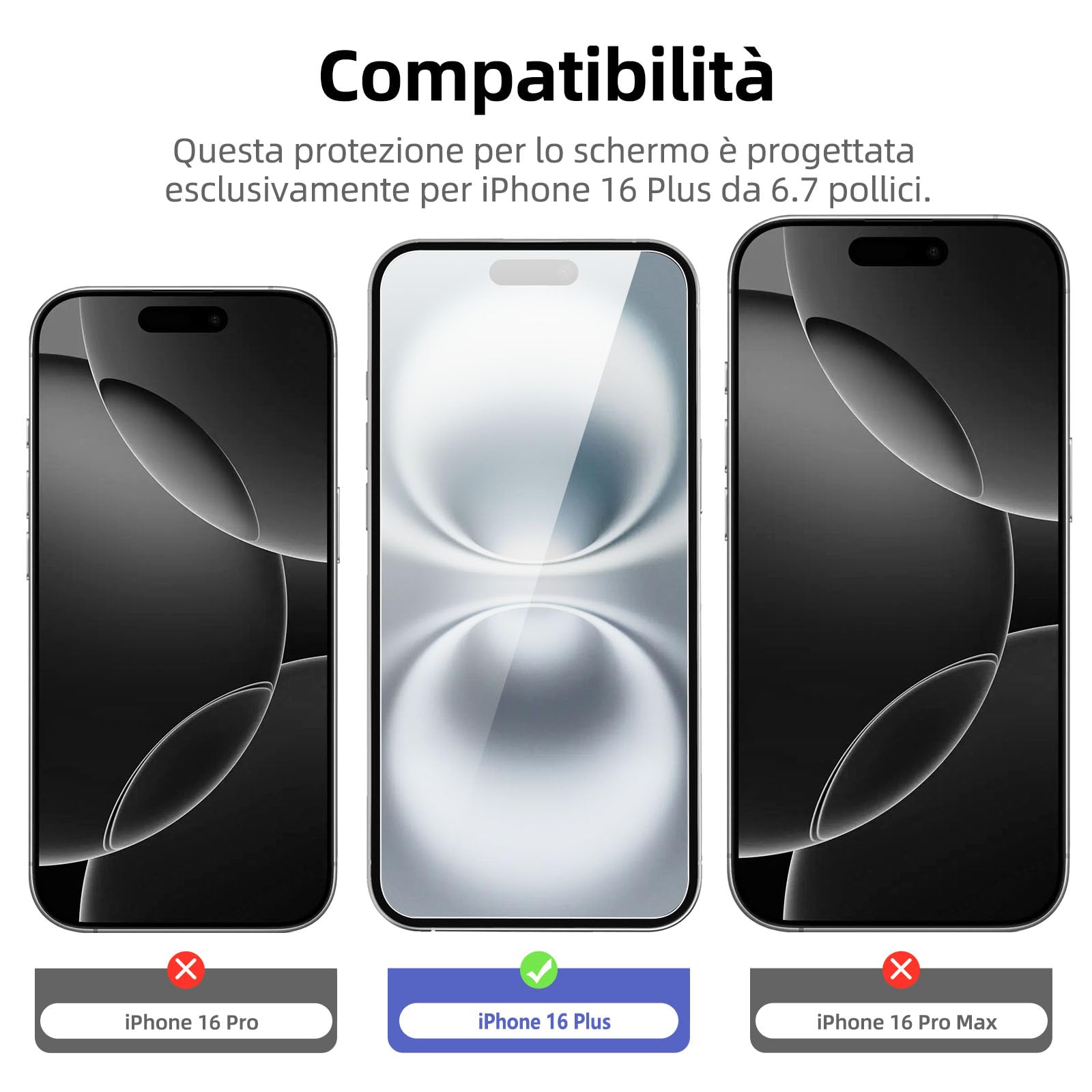 NEW'C 3 Pezzi, Vetro Temperato per iPhone 16 Plus (6,7"), Pellicola Prottetiva, Senza Bolle, Durezza 9H, 0,35mm Ultra Trasparente, Ultra Resistente