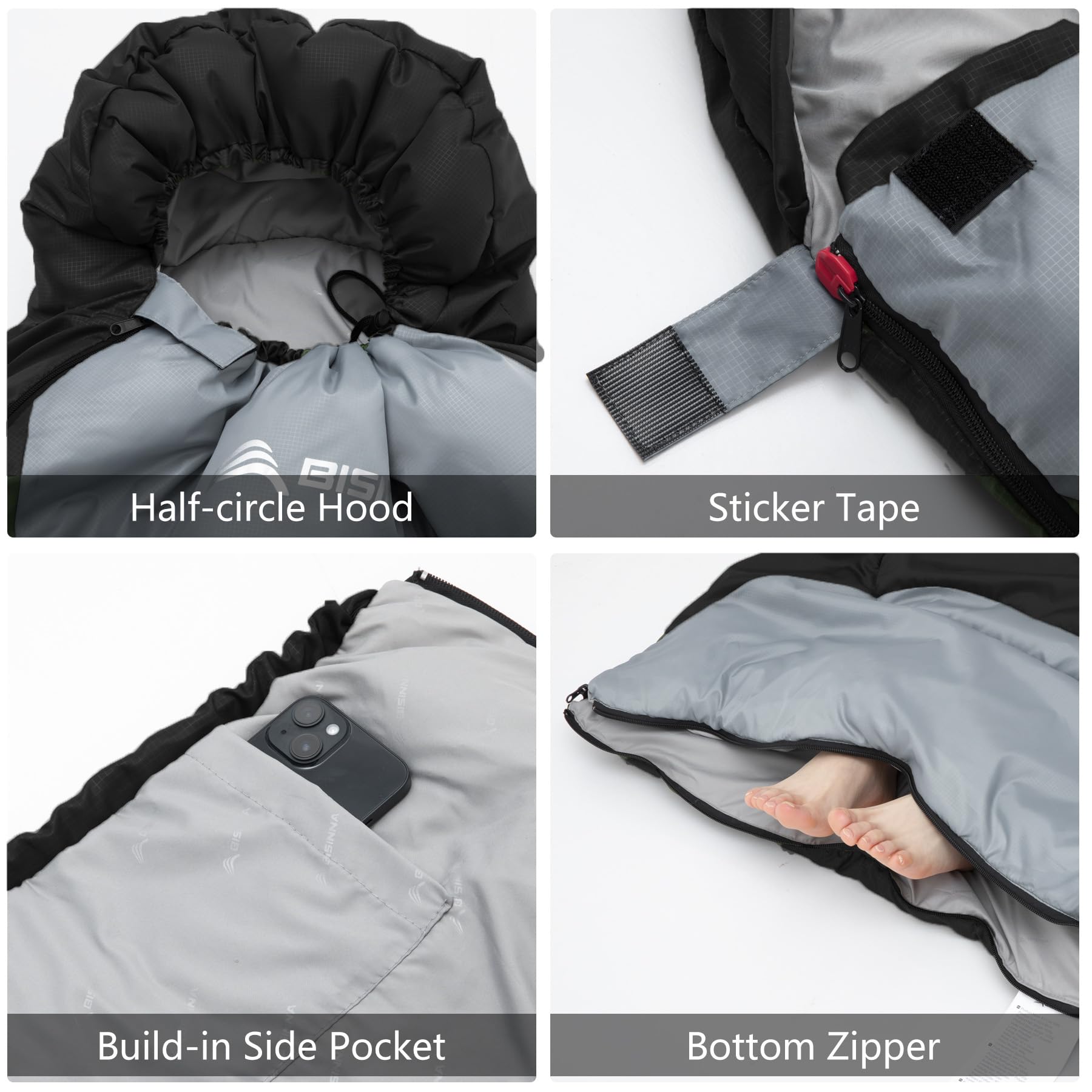BISINNA Saco de dormir de invierno de 0 grados (480 g/m²) para adultos, saco de dormir para clima frío, saco de dormir cómodo, cálido y portátil con bolsa de compresión de almohada para mochileros,