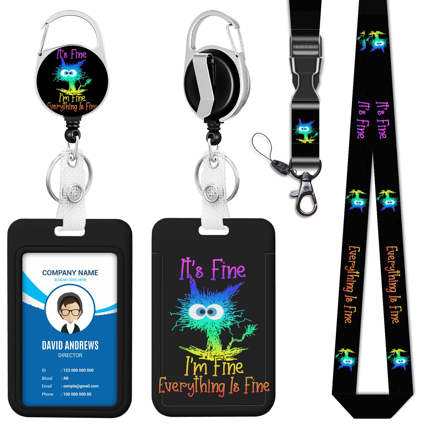 ID Badge Holder with Breakaway Lanyard Funny color Black Cat Badge Reel Detachable Name Tag Clips Cute Cat Lanyard Reel I'm Fine Everything is Fine