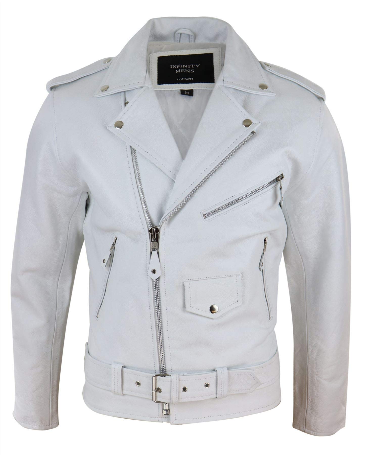 TruClothing Mens Real Leather Biker Jacket Cross Zip Brando White Hide Grease Classic - White s