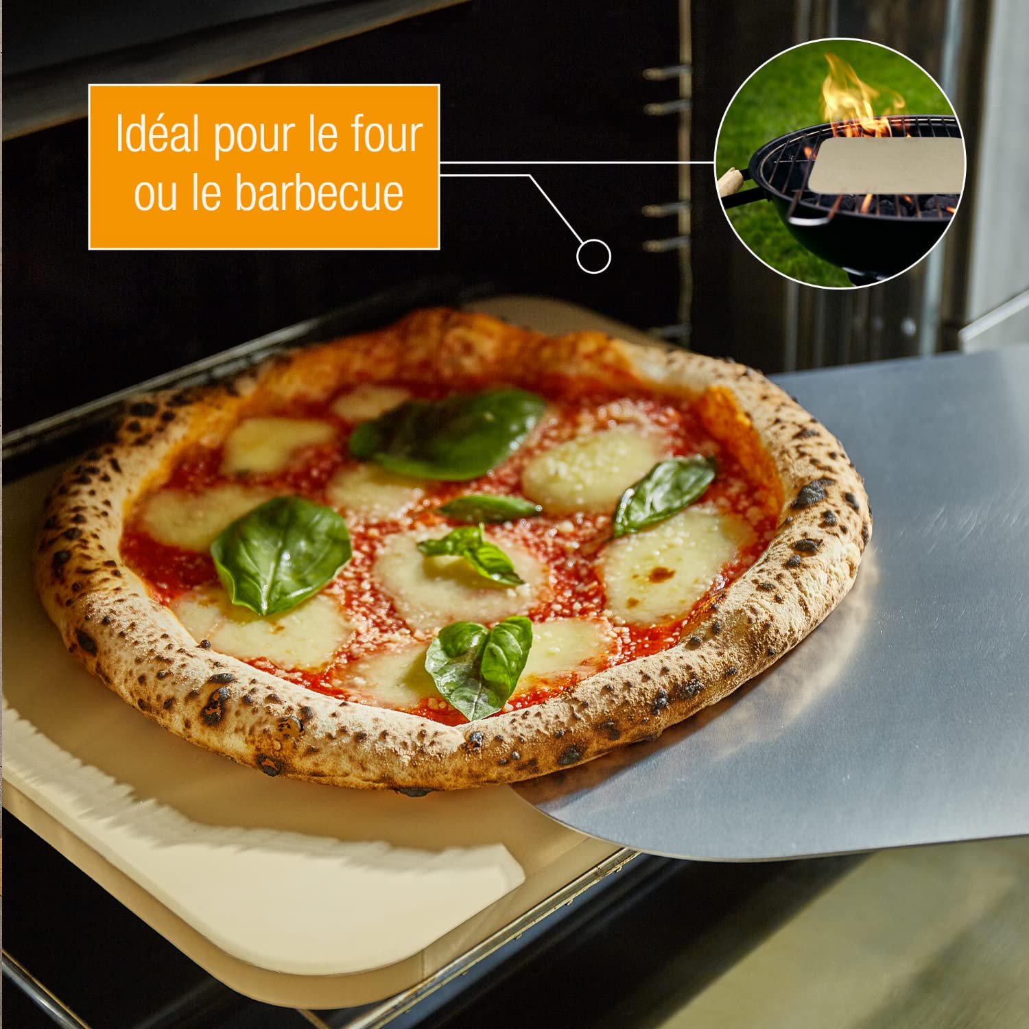 AMAZY Pierre à Pizza pour Four à Pizza et Gril - avec Pelle à Pizza Bois, Papier Cuisson Réutilisable et Livre de Recettes - Pierre Réfractaire en Cordiérite pour Pizza à l'Italienne Croustillante