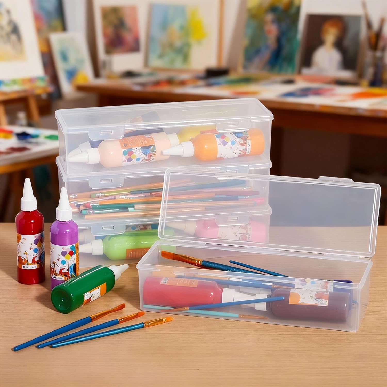 4 Pack Clear Craft and Art Supply Storage Organizer with Lid 11.8 x 4 x 2.8 Inch Plastic Deep Strips Storage Container Stackable Organizer Box for Makeup Paint Brush Cabinets Holds Food Pen Tools