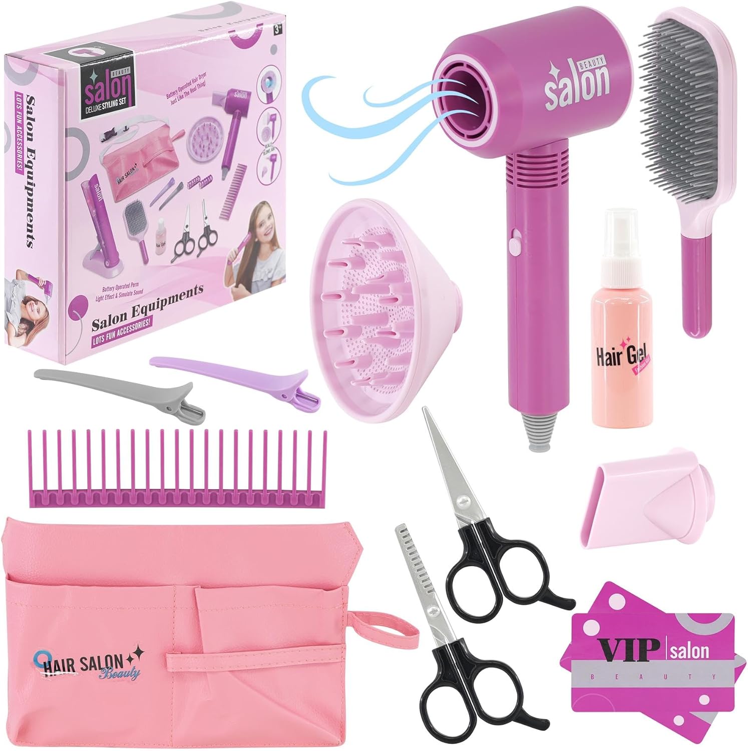 The Magic Toy Shop Kids Hairdressing Beauty Fashion Salon Toy Kit Pretend Play Set with Pink