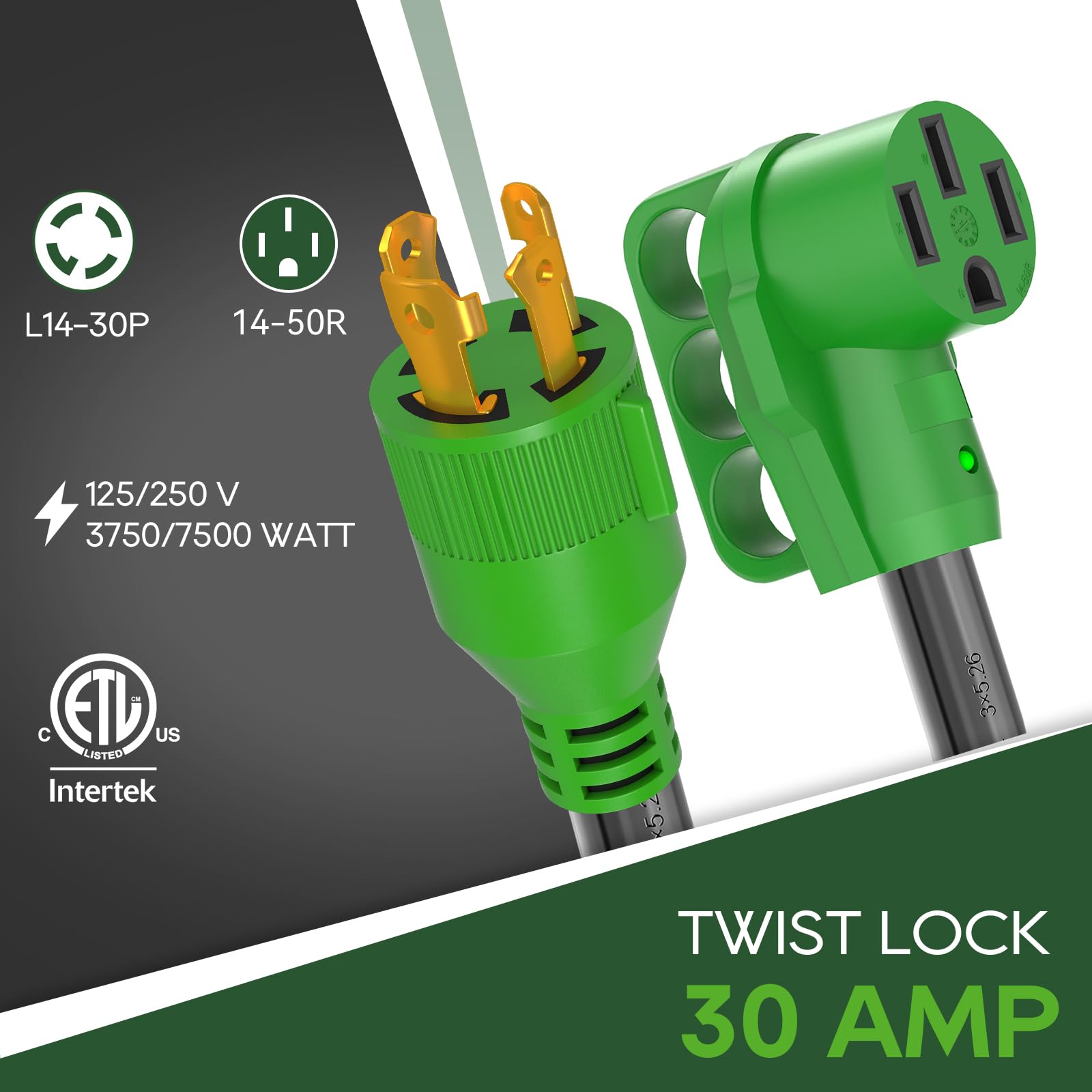RVGUARD 4 Prong 30 Amp to 50 Amp RV Adapter Cord 12 cali STW, L14-30P blokujący męski wtyk do żeńskiego 14-50R z wskaźnikiem mocy LED, zielony