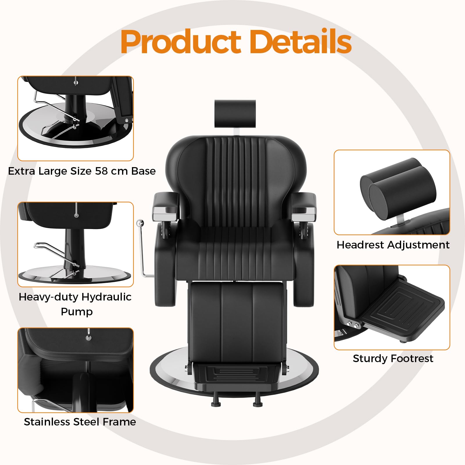 Sillón de Peluquería Silla de Peluquero Hidráulica Reclinable Barber 360° para Salón Professionale, 60 x 55 x 108-121 cm, Negro