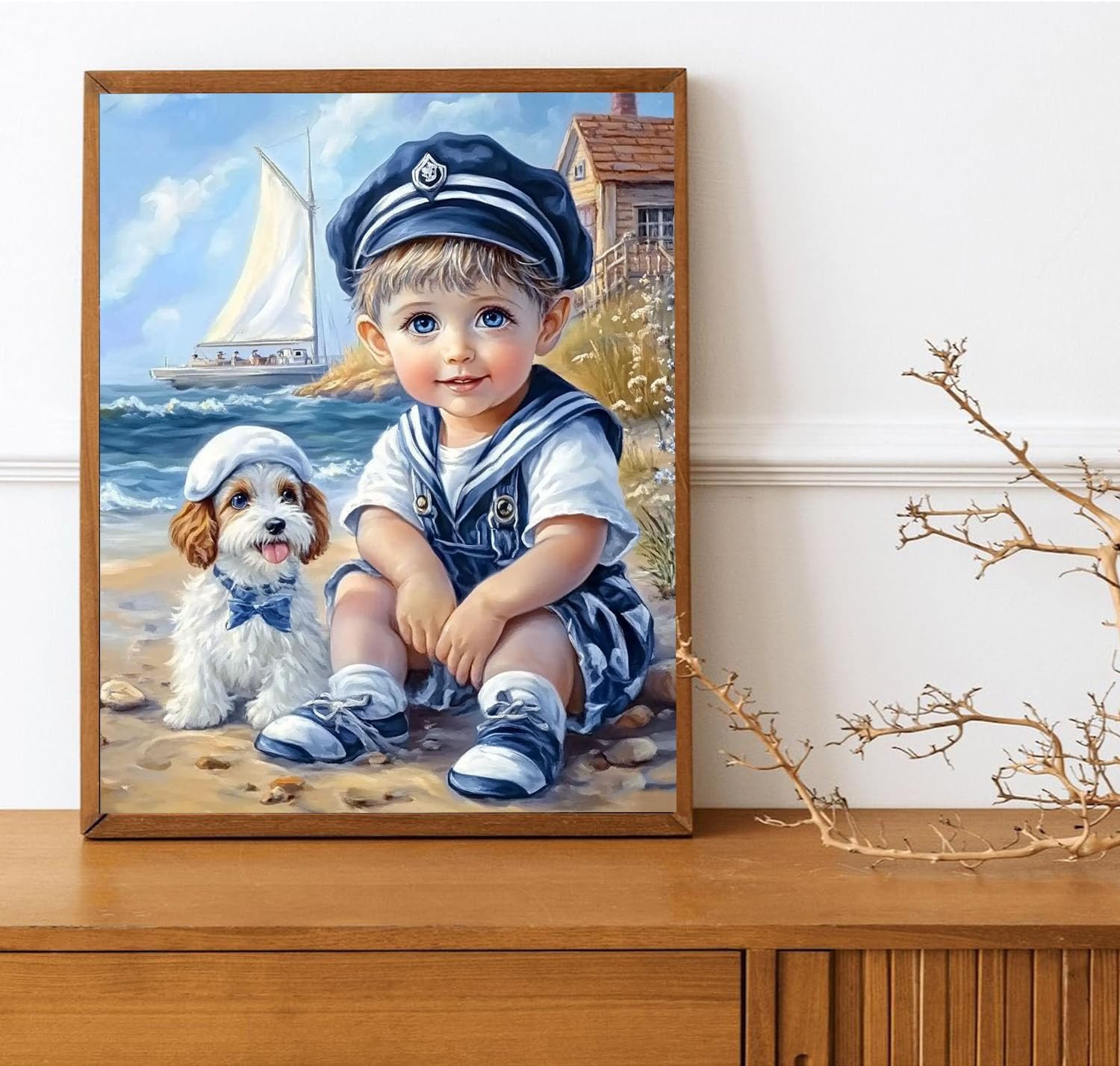 Little Boy in a Navy Uniform and His Dog Paint by Numbers for Adults Beginners Seaside View DIY Acrylic Painting Kits on Canvas Strong Colors Oil Paintwork for Home Decor 16x20inch(with Frame)