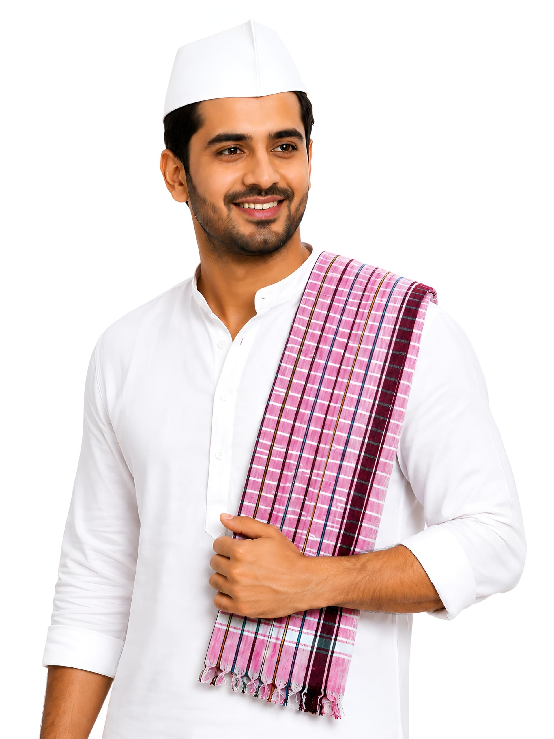 Traditional Varkari topi & Towel (Aher) Combo set for men (Pack of 1 Towel & Topi Each) (PINK)-picture-20