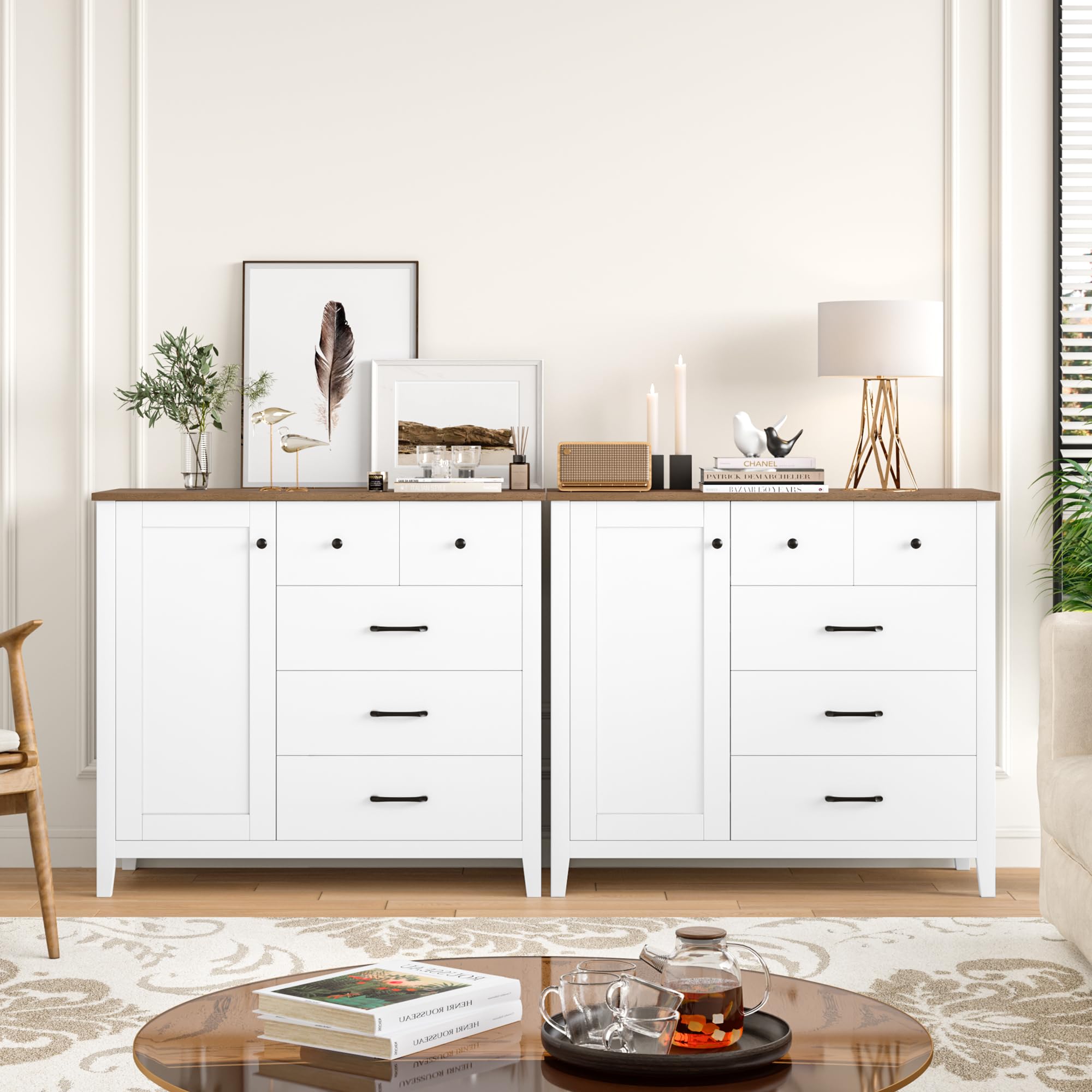 HOCSOK Credenza Cucina con 5 Cassetti e 1 Porta, Mobile Ingresso in Legno | Ripiano Regolabile, Madia Soggiorno Moderna con Piano, 108 x 82,5 x 39 cm, per Soggiorno, Cucina e Ingresso, Bianco e Marrone
