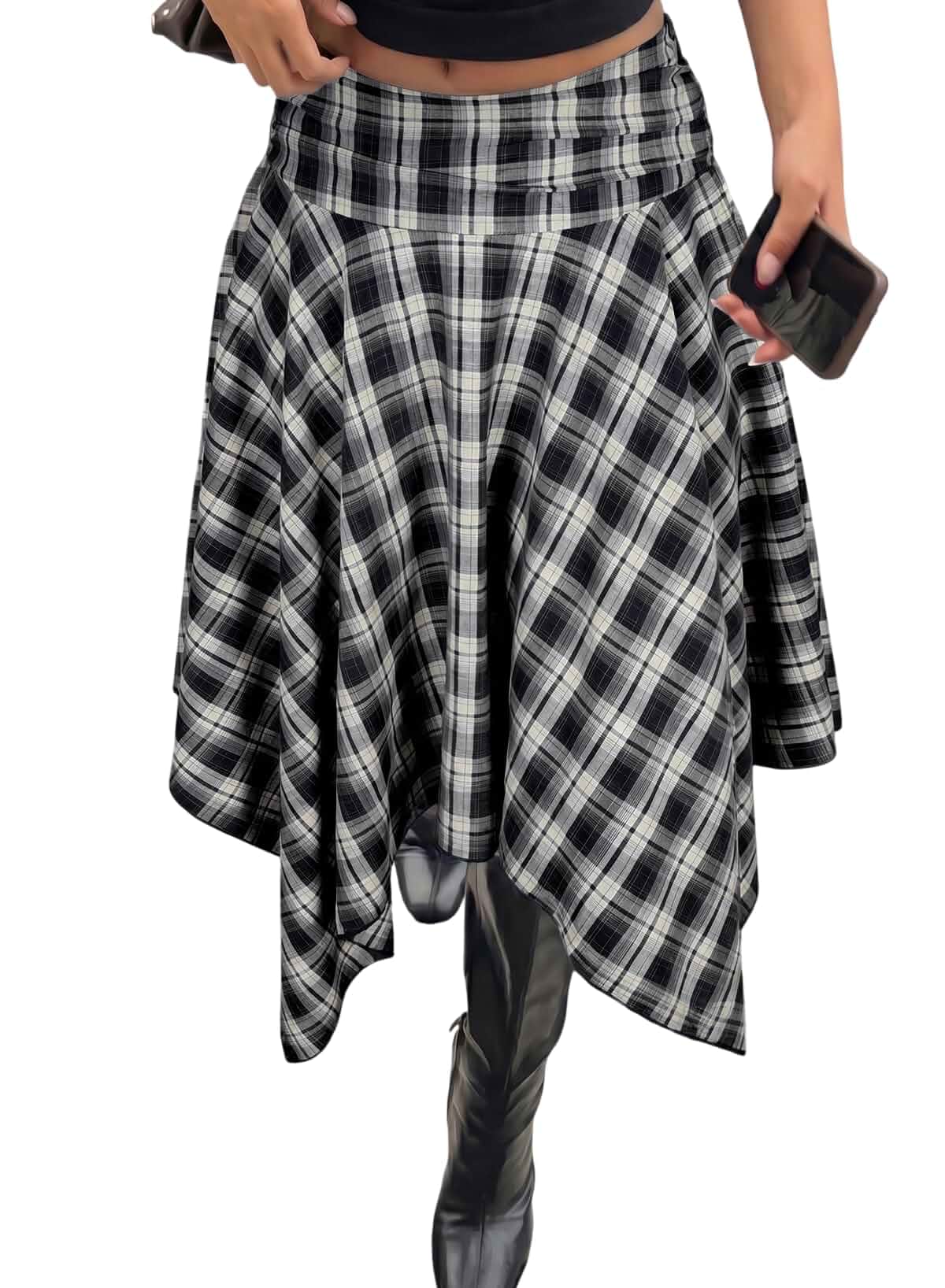 Acelitt Women’s Plaid Midi Skirt High Waist, Flowy A Line, Ruffle Asymmetrical Hem, Fall Outfits for Y2K, Goth, Streetwear, Concerts, Clubs, Casual