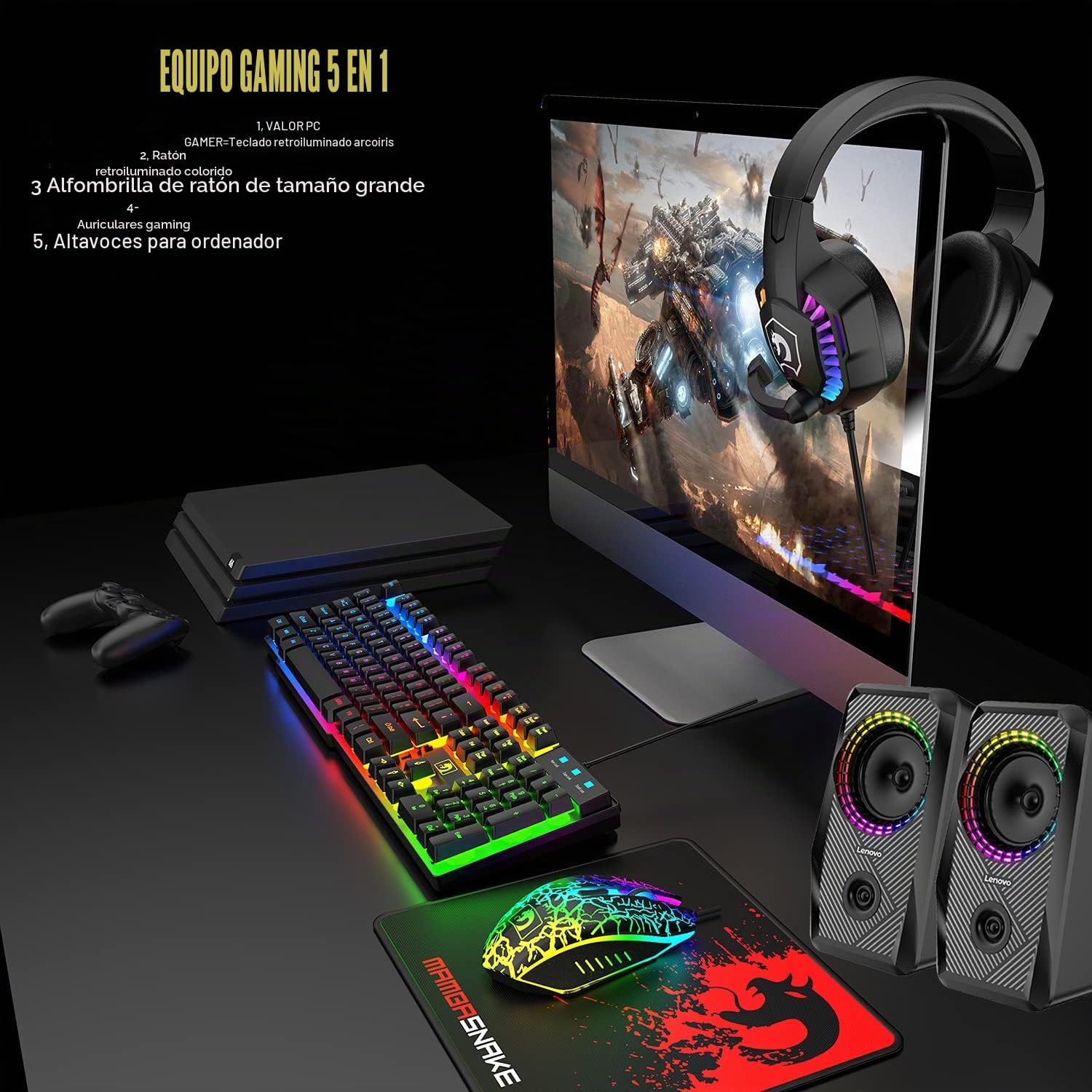 Diseño del Reino Unido Cableado 104 Teclas Teclado para Juegos Ratón Auriculares Altavoz Combo 5 en 1 con retroiluminación RGB múltiple Ratones de 2400 PPP Alfombrilla de ratón Grande para