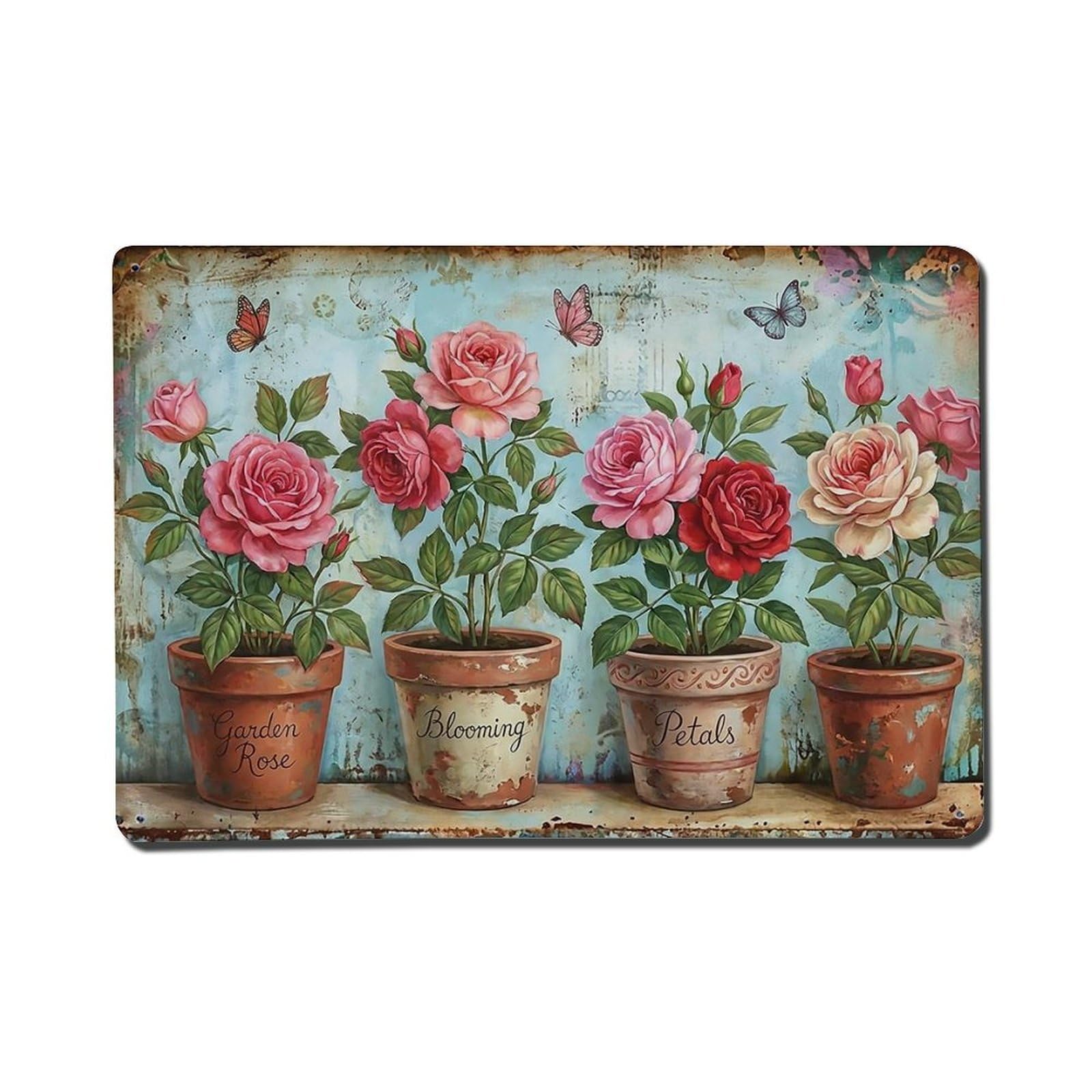 Vintage Rustic Flower Potted Plants Rose Metal Tin Sign