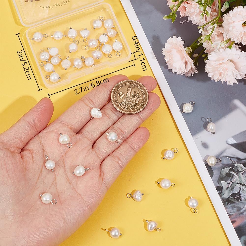 Beebeecraft 1 Box 40Pcs Pearl Oval Charms Freshwater Natural Cultured Pendants with Silver Brass Ball Head Pins for DIY Bracelet Necklace Jewellery Making