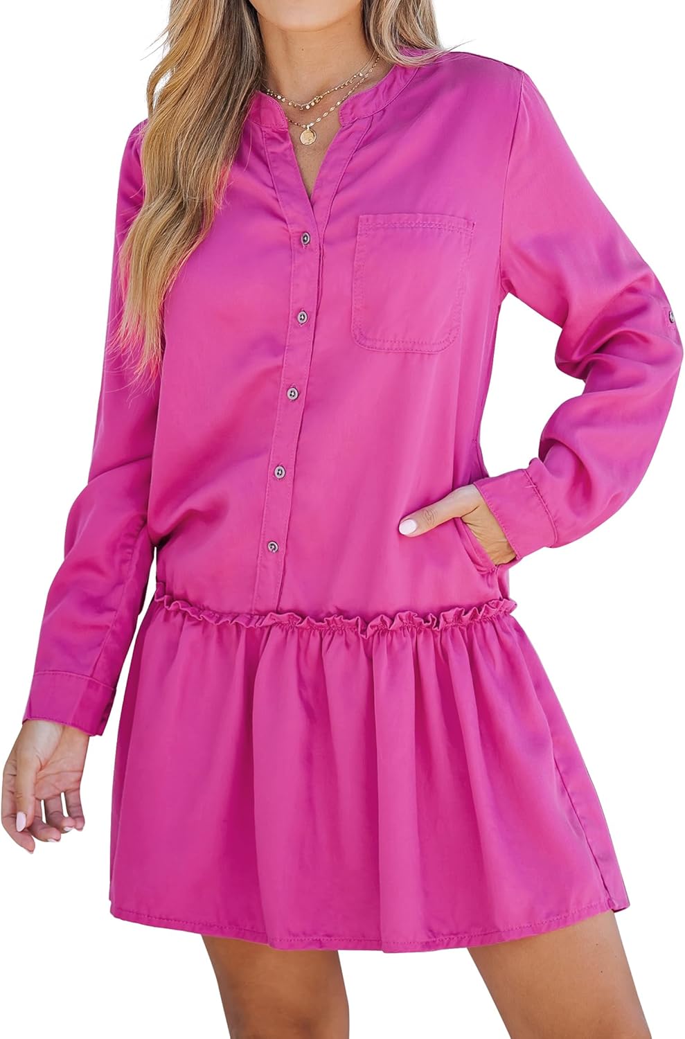 luvamia Denim Dress for Women Long Sleeve Shift Button Down Ruffle Jean