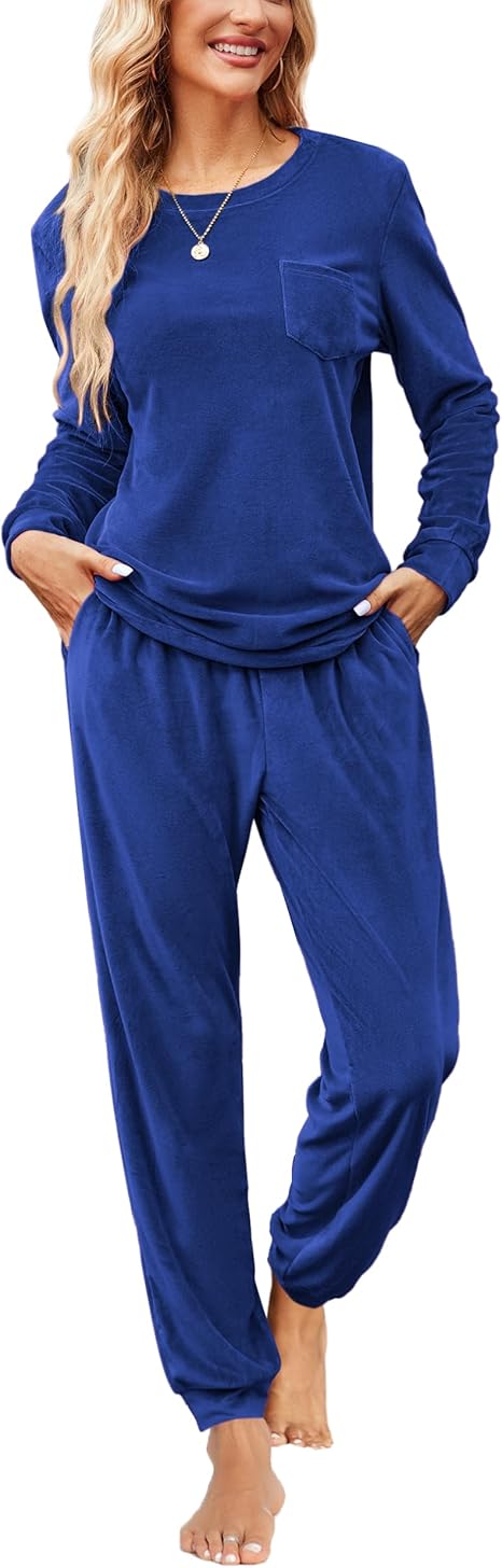 Ekouaer Womens Pajamas Sets Long Sleeve Soft Sleepwear 2 Piece Velvet Pjs Lounge Sets with Pockets
