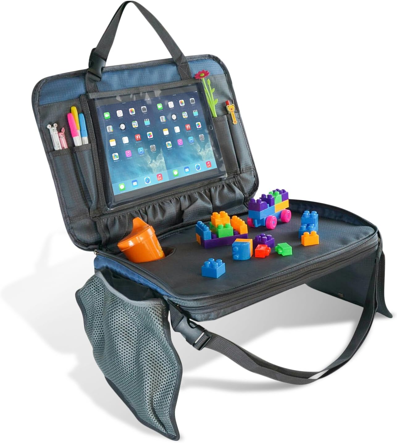 Car Seat Travel Tray and Messenger Bag 17 Inch by 12 Inch (Blue) | iPad & Tablet Holder, Removable Mesh Pockets, and Cup Holder for Kids | Kids Travel Tray | Great for Activity, Snacks, and Play
