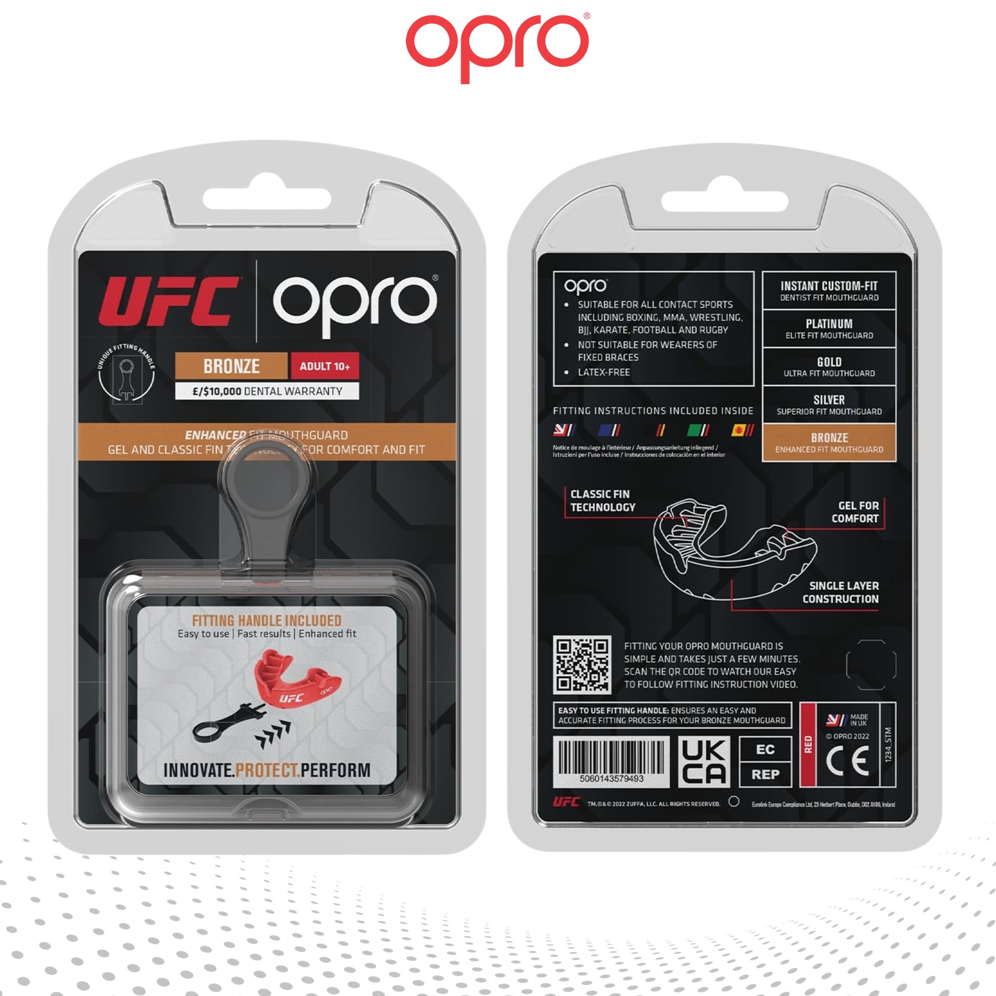 OPRO Bronze Level UFC sportowa osłona na zęby dla dorosłych i młodzieży z etui i urządzeniem montażowym, osłona dziąseł do UFC, MMA, boksu, BJJ i innych sportów walki (czerwona, dla dorosłych)